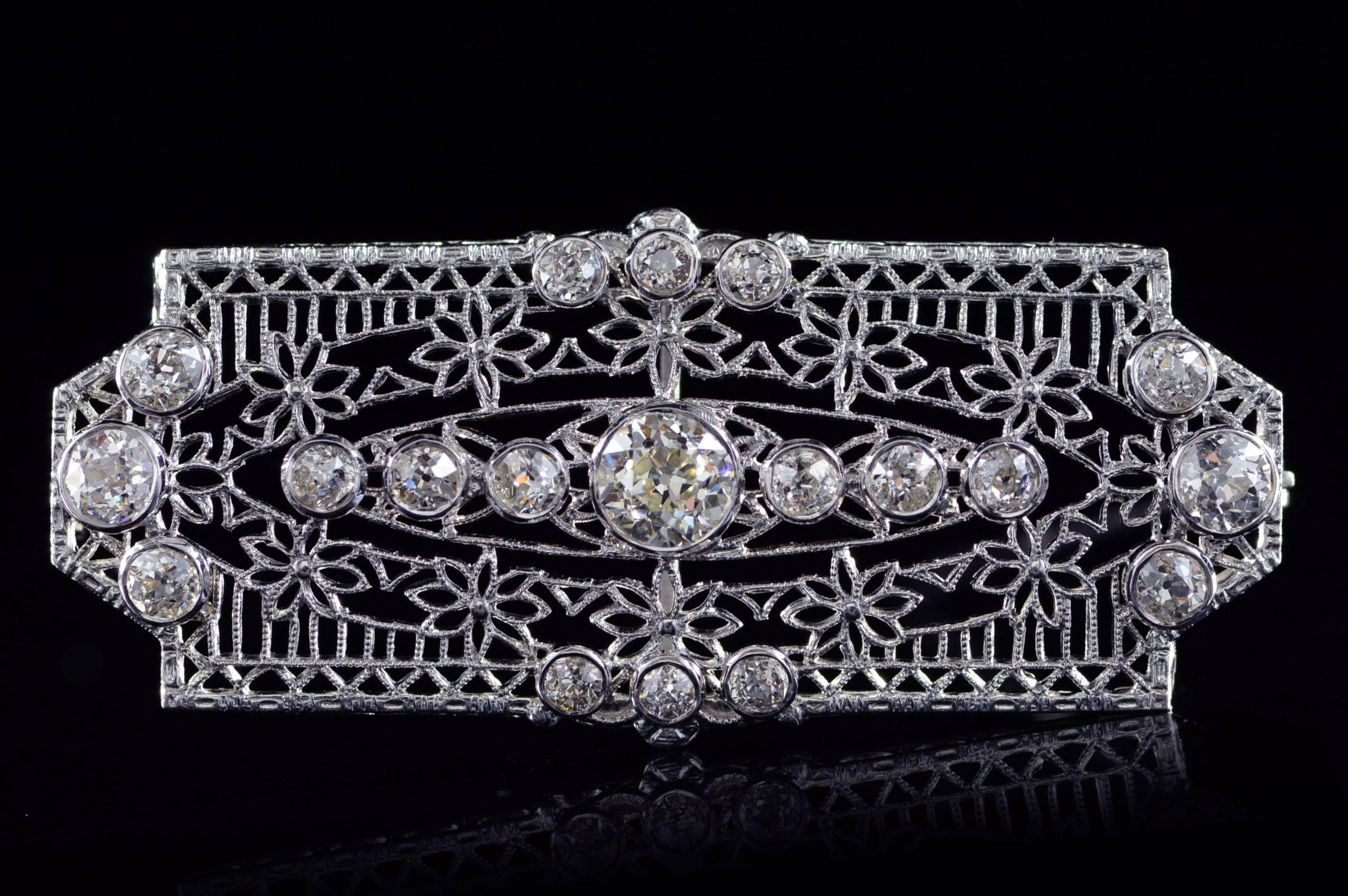 

·Item: 14K Antique 1.68 Ctw Diamond Filigree Bar Pin/Brooch White Gold

1920s

·Composition: 14k Gold Marked/Tested

·Gem Stone: 19x Old Mine Cut Diamond=1.68Ctw G-H/SI-I

·Condition: Estate - Excellent

·Weight: 5.2g