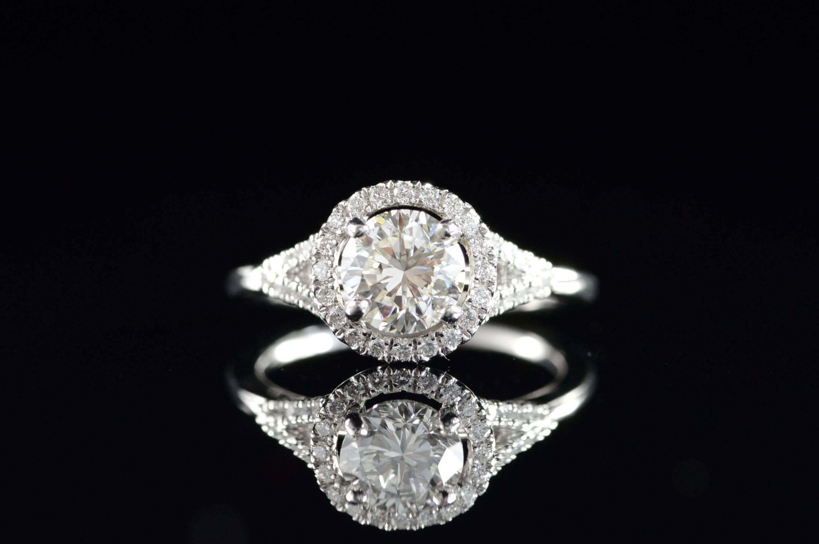 Diamond Platinum Halo Engagement Ring  In Excellent Condition For Sale In Frederick, MD