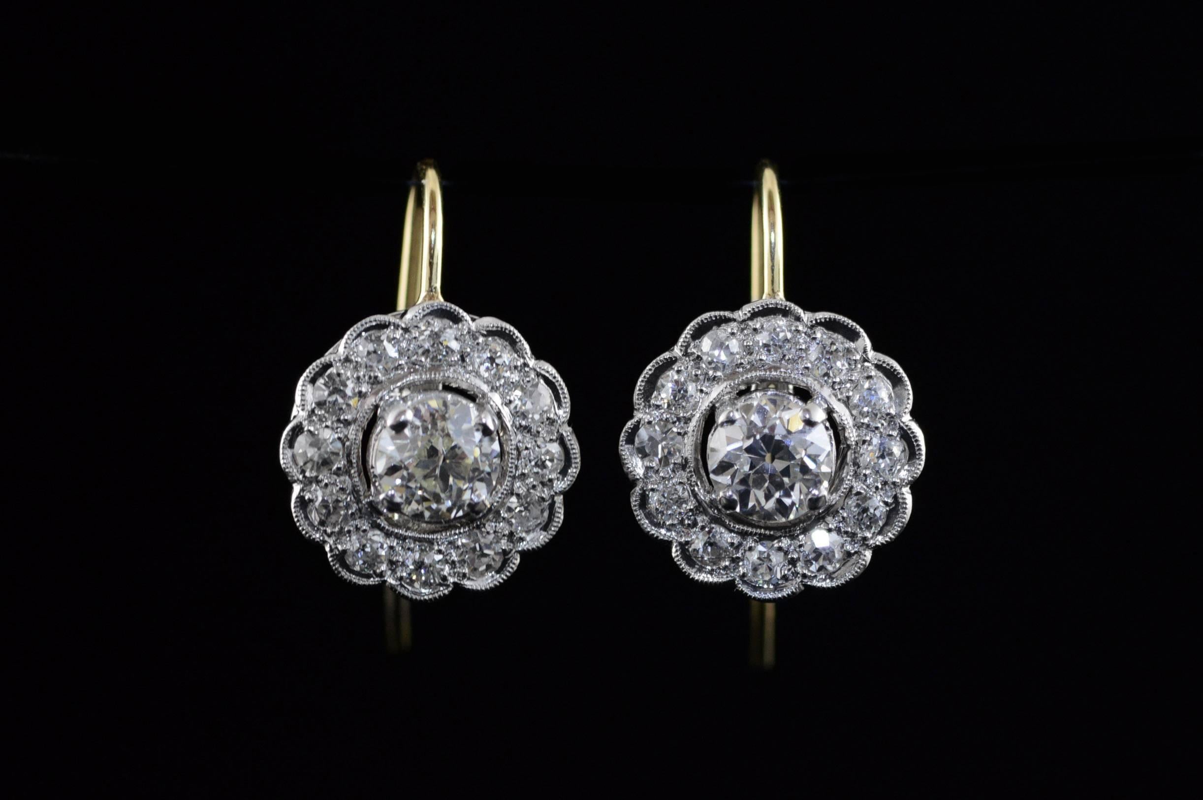 All diamonds are graded according to GIA grading standards. (When applicable)

·Item: 14K 1.92 CTW Diamond Art Deco Two Tone Hook Earrings White Gold

·Era: Victorian / 1880s

·Composition: 14k Gold Marked / Tested

·Gem Stone: 26x Diamonds=
