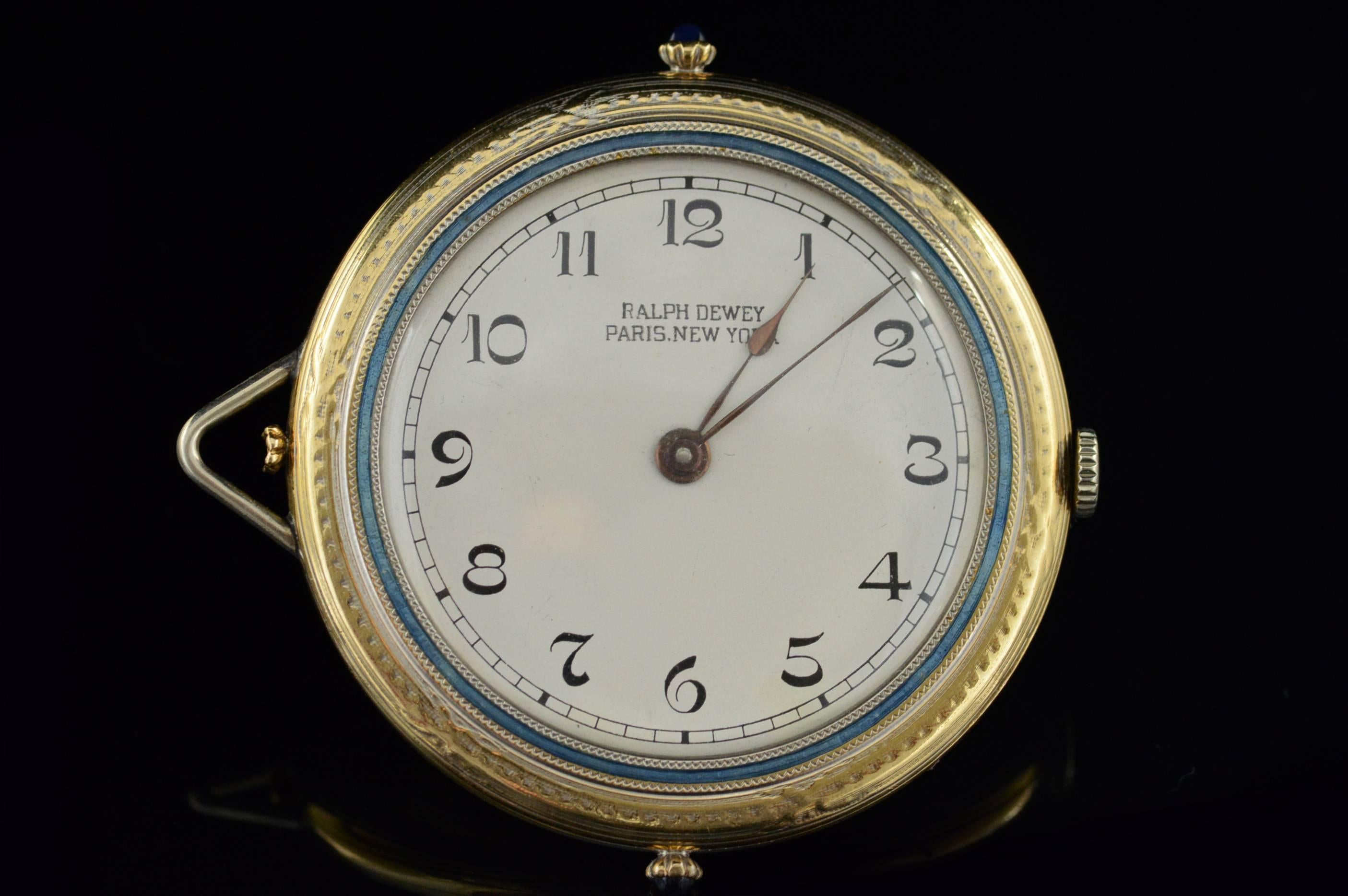 ·Item: 14K Ralph Dewey Paris New York Blue Enamel Pocket Watch Yellow Gold

·Era: 1920s

·Composition: 14k Gold Marked/Tested

·Condition: Estate - Excellent

·Weight: 51.1g