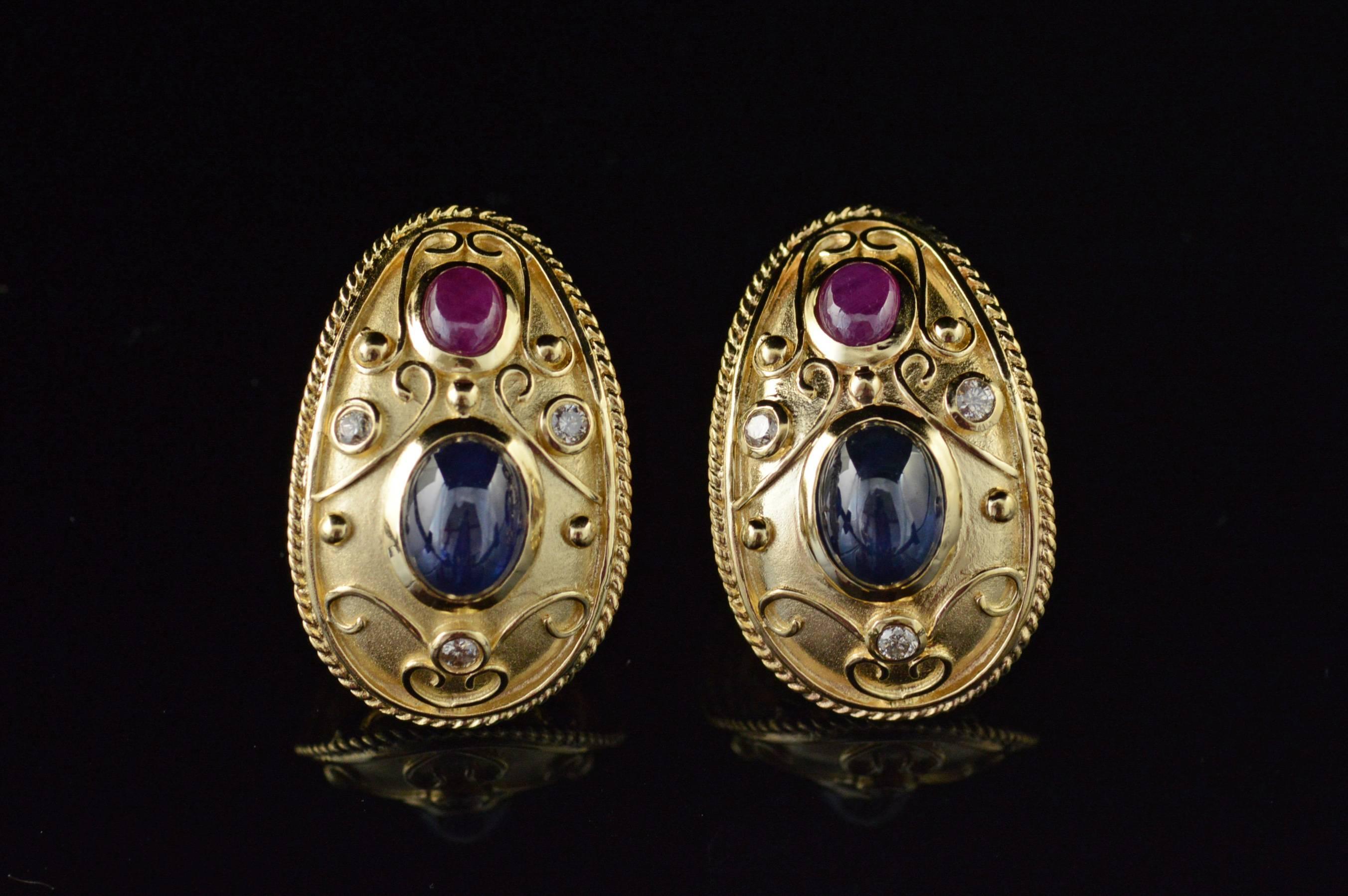 All diamonds are graded according to GIA grading standards. (When applicable)

·Item: 14K 2.60 CTW Sapphire Ruby Diamond French Clip Earrings Yellow Gold

·Era: Modern / 2000s

·Composition: 14k Gold Marked / Tested

·Gem Stone: 2x