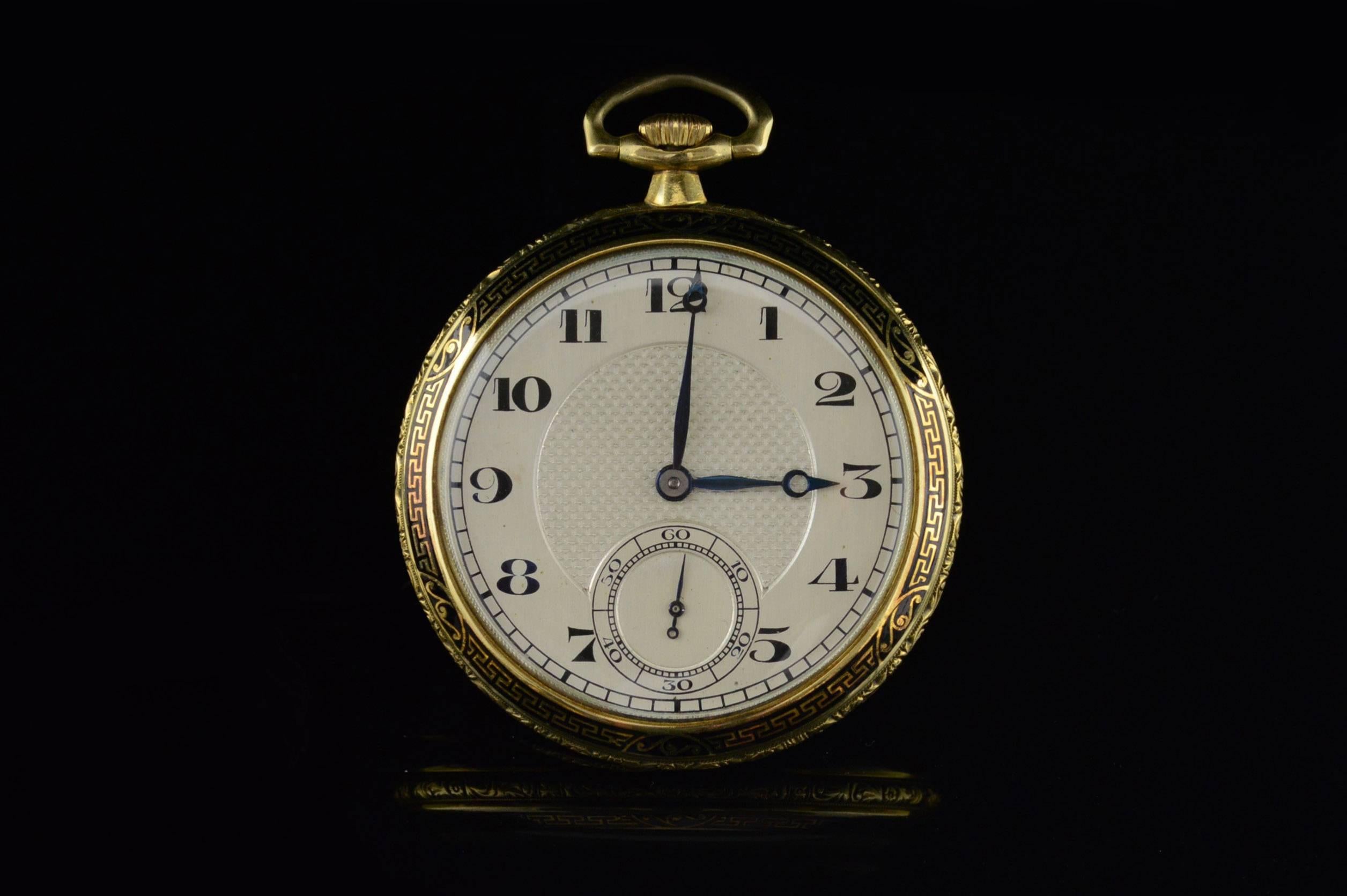 ·Item: 18K 1915 Vacheron Constantin Geneva Black Enamel w/ Fob Pocket Watch Yellow Gold

·Era: Art Deco / 1915

·Composition: 18k Gold Marked/Tested

·Weight: 76.6g