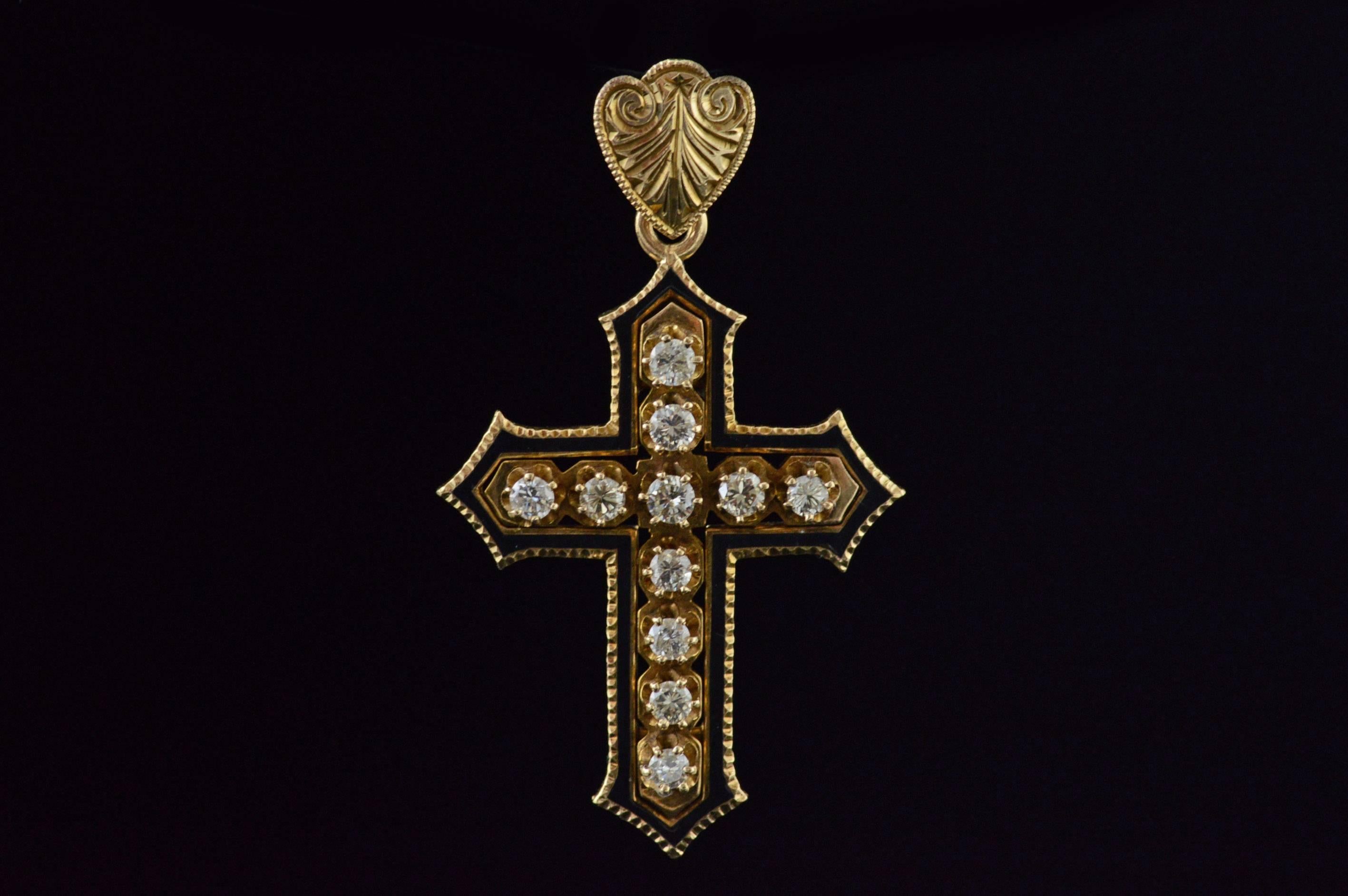 All diamonds are graded according to GIA grading standards.

·Item: 10K Victorian 0.55 CTW Diamond Mourning Jewelry Cross Pendant Yellow Gold

·Era: Victorian / 1890s

·Composition: 10k Gold Marked / Tested

·Gem Stone: 11x Diamonds= 0.55ctw