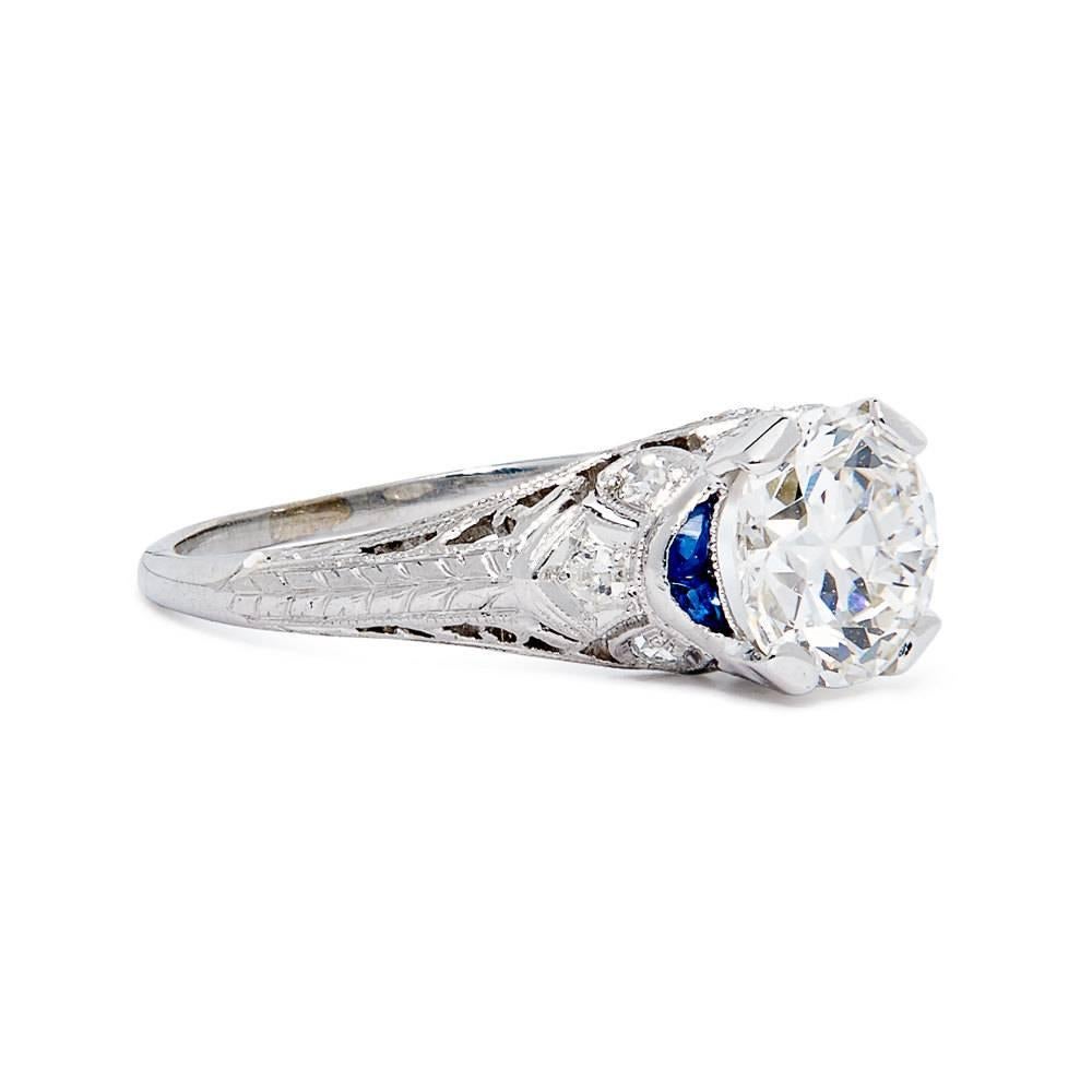 Women's Art Deco GIA Certified 1.47 Carat Sapphire Diamond Platinum Ring