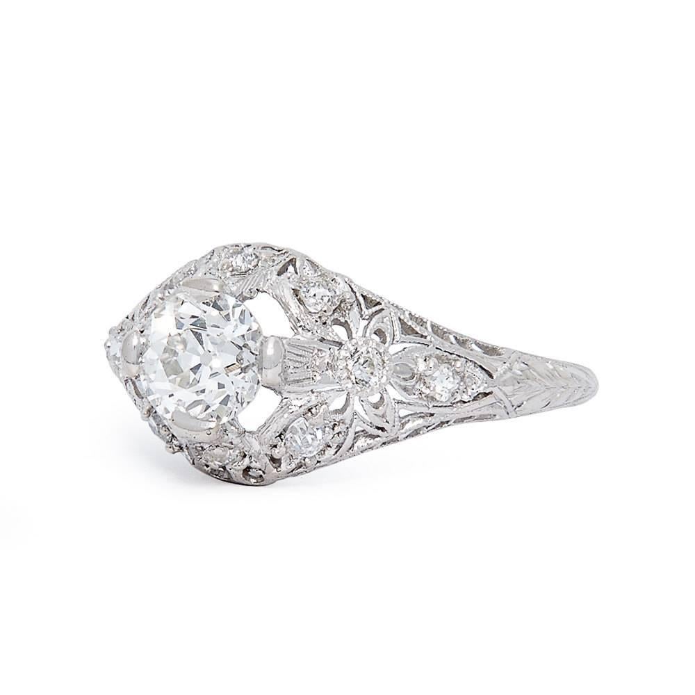 Old European Cut Elaborate Art Deco 1.05 Carat Diamond Platinum Filigree Ring For Sale