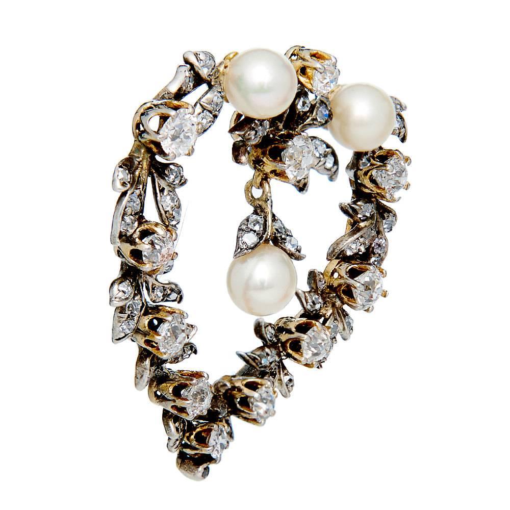 Victorian Heart Shaped 2.32 Carat Diamond Pearl Gold Pendant at 1stDibs