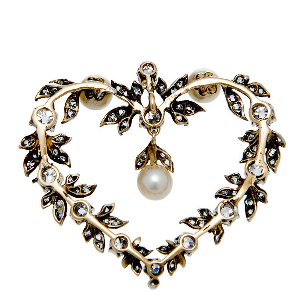 Victorian Heart Shaped 2.32 Carat Diamond Pearl Gold Pendant In Excellent Condition In Boston, MA