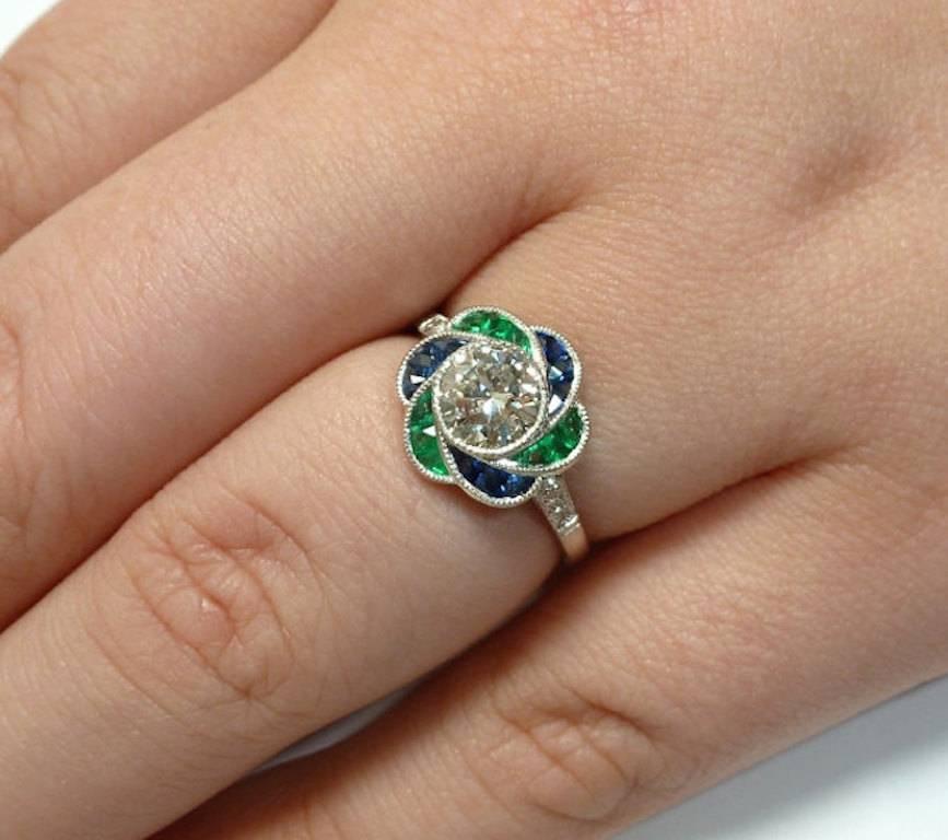 Blossoming Diamond, Emerald, and Sapphire Flower Engagement Ring For Sale 3
