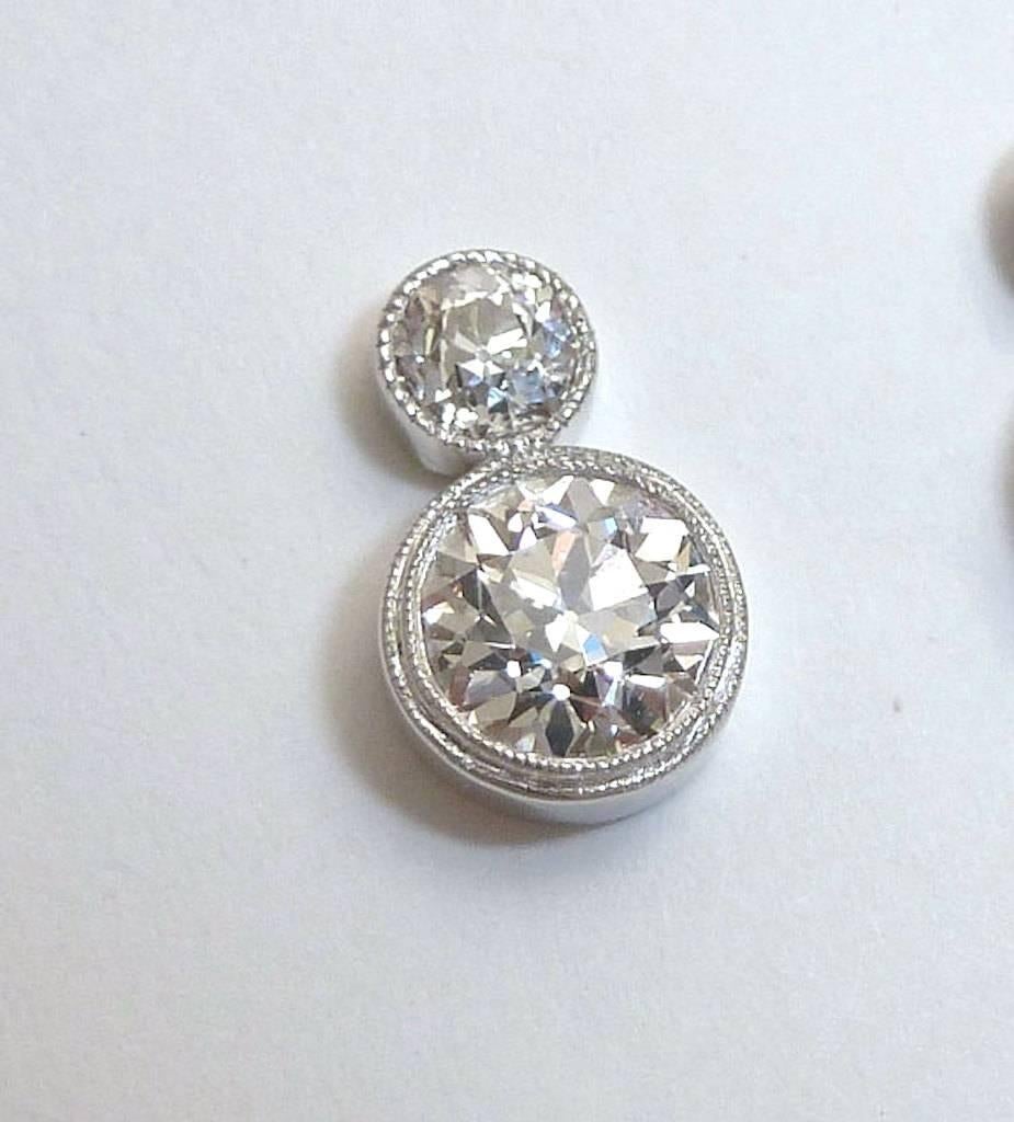 Art Deco Handmade 2.10 Carat Bezel Set Old European Cut Diamonds Platinum Stud Earrings