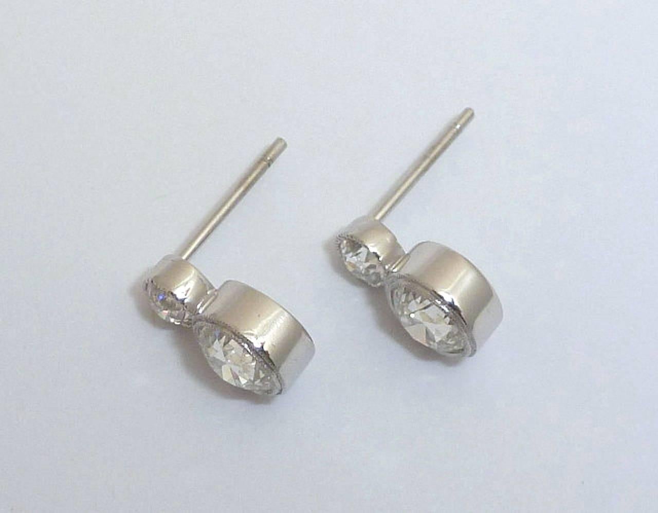 Handmade 2.10 Carat Bezel Set Old European Cut Diamonds Platinum Stud Earrings In Excellent Condition In Boston, MA