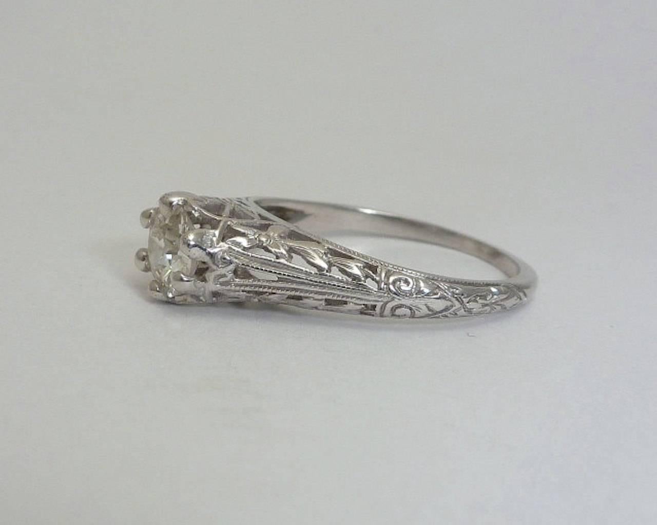 Old European Cut Art Deco Hand Engraved Orange Blossom Diamond Platinum Engagement Ring  For Sale