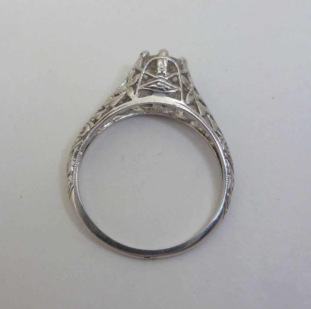 Art Deco Hand Engraved Orange Blossom Diamond Platinum Engagement Ring  In Excellent Condition For Sale In Boston, MA
