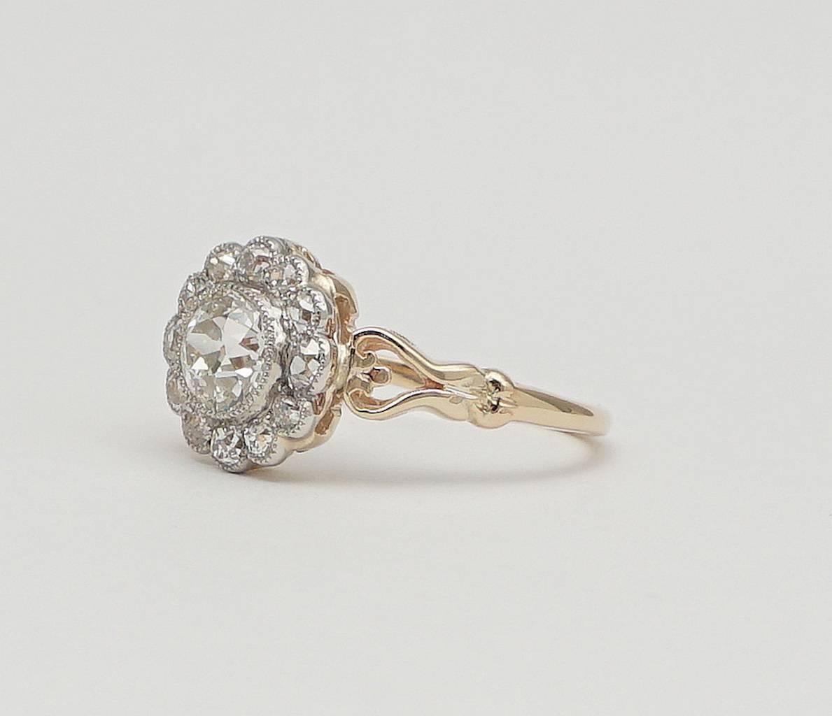 Edwardian 1.12 Carat Old European Cut Diamond Gold Platinum Engagement Ring In Excellent Condition In Boston, MA