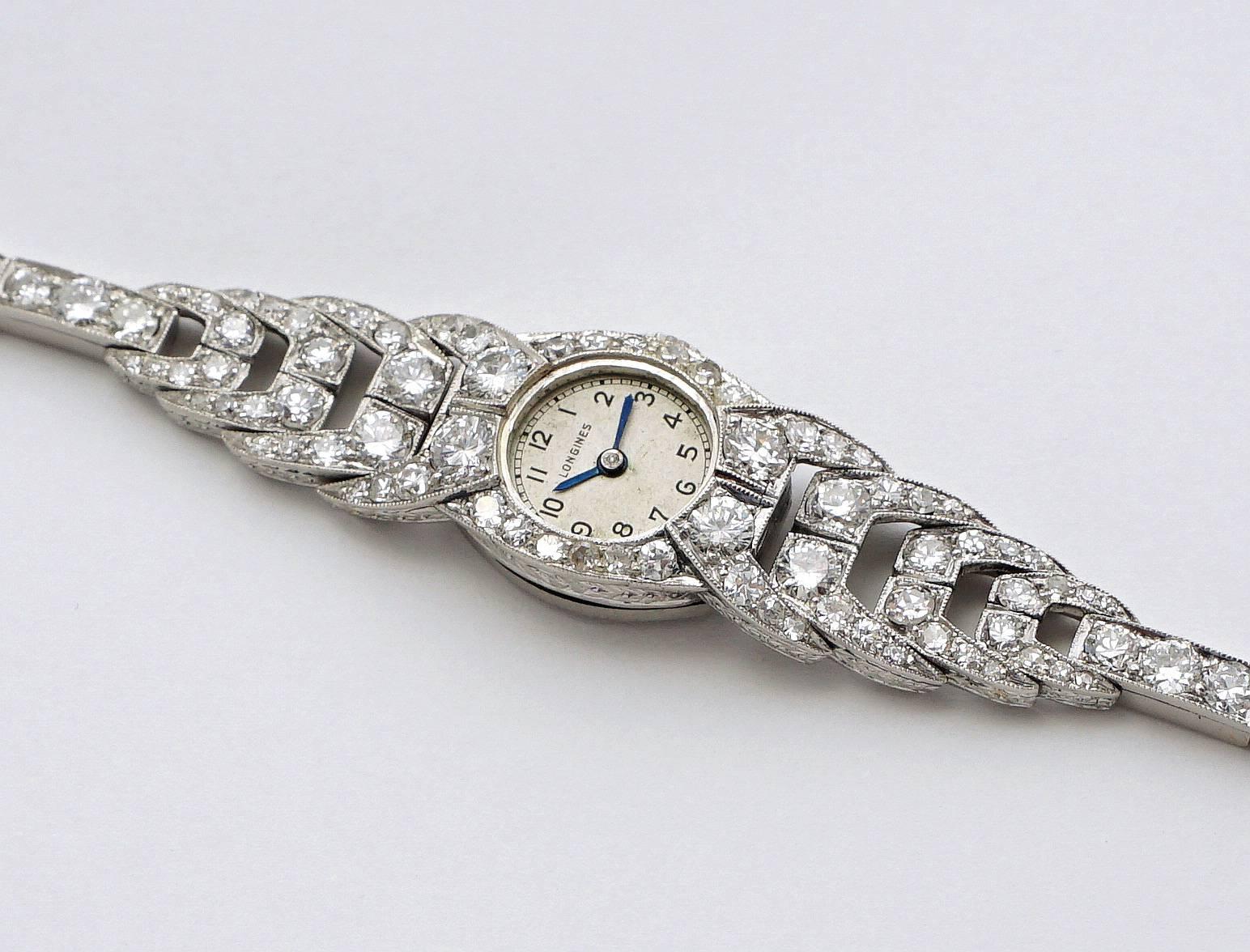 Longines Ladies Platinum Diamond Wristwatch In Excellent Condition In Boston, MA