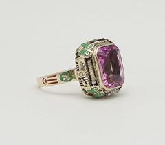 Elaborate Art Deco Enamel Pink Spinel Gold Ring