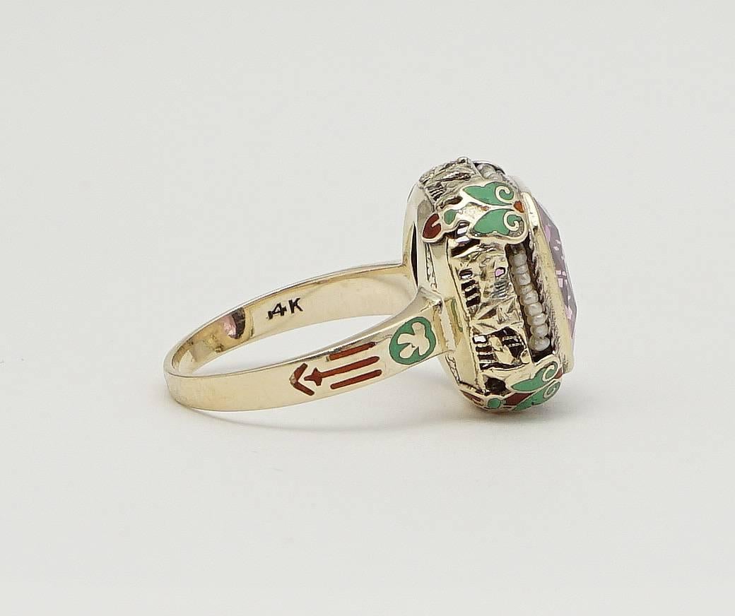 Women's Elaborate Art Deco Enamel Pink Spinel Gold Ring