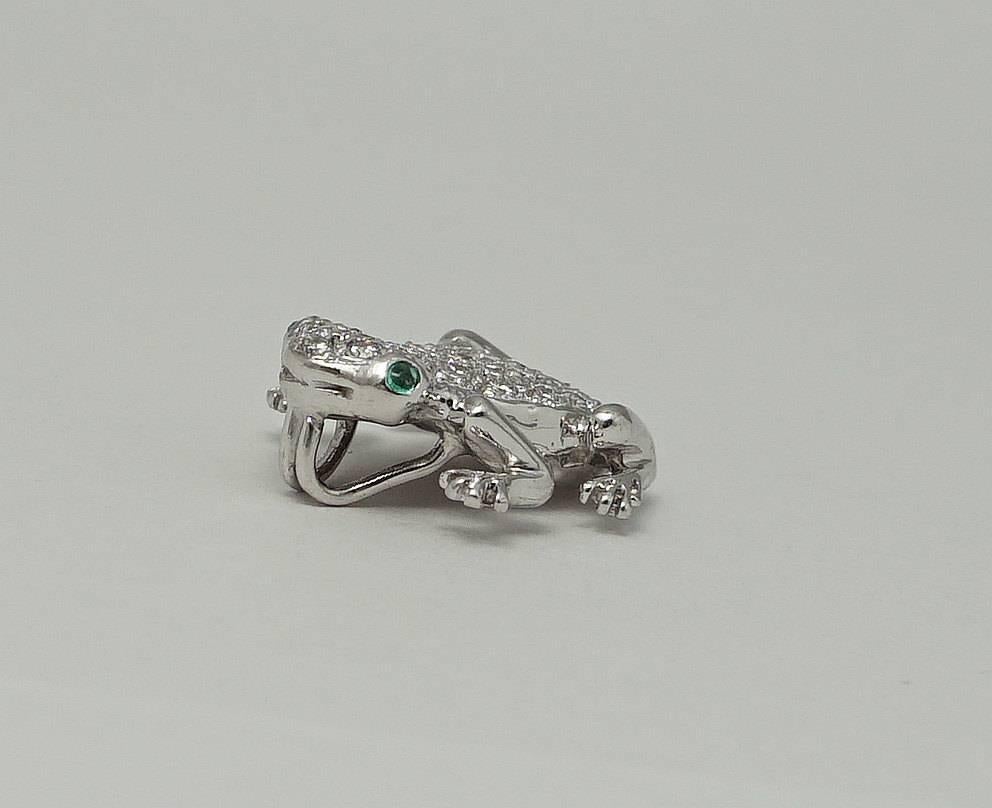 Diamond Studded Platinum Frog Pendant with Emerald Eyes In Excellent Condition In Boston, MA