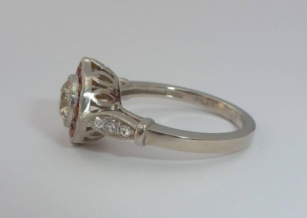 Ravishing Champagne Diamond Ruby Sapphire Platinum Ring In Excellent Condition In Boston, MA