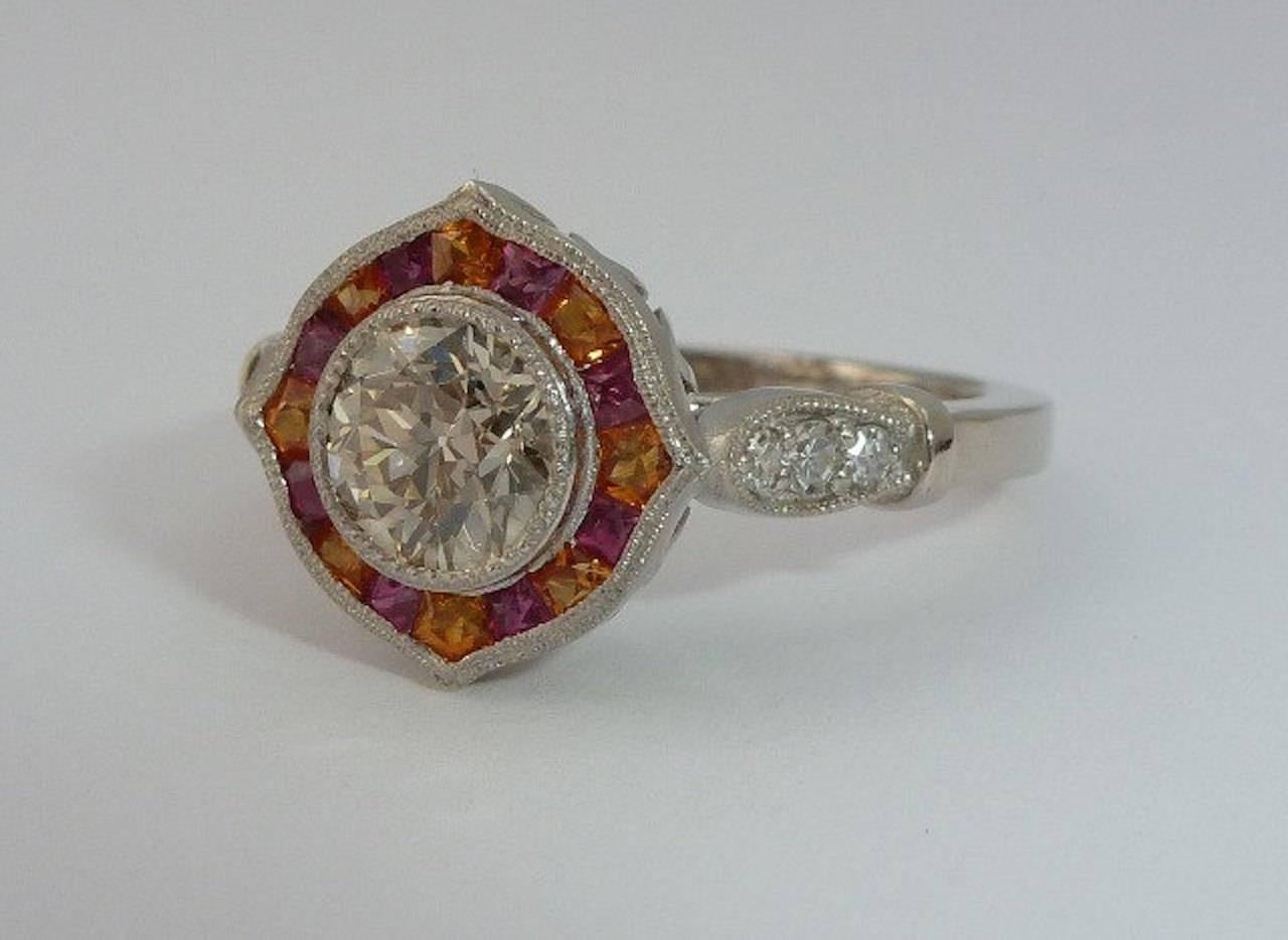 Art Deco Ravishing Champagne Diamond Ruby Sapphire Platinum Ring