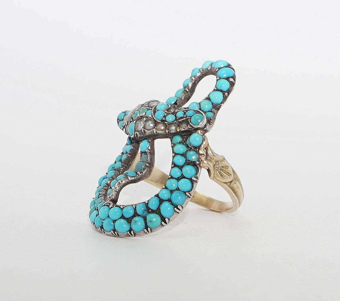 Exceptional Victorian Turquoise Pearl Ruby Gold Snake Ring In Excellent Condition In Boston, MA