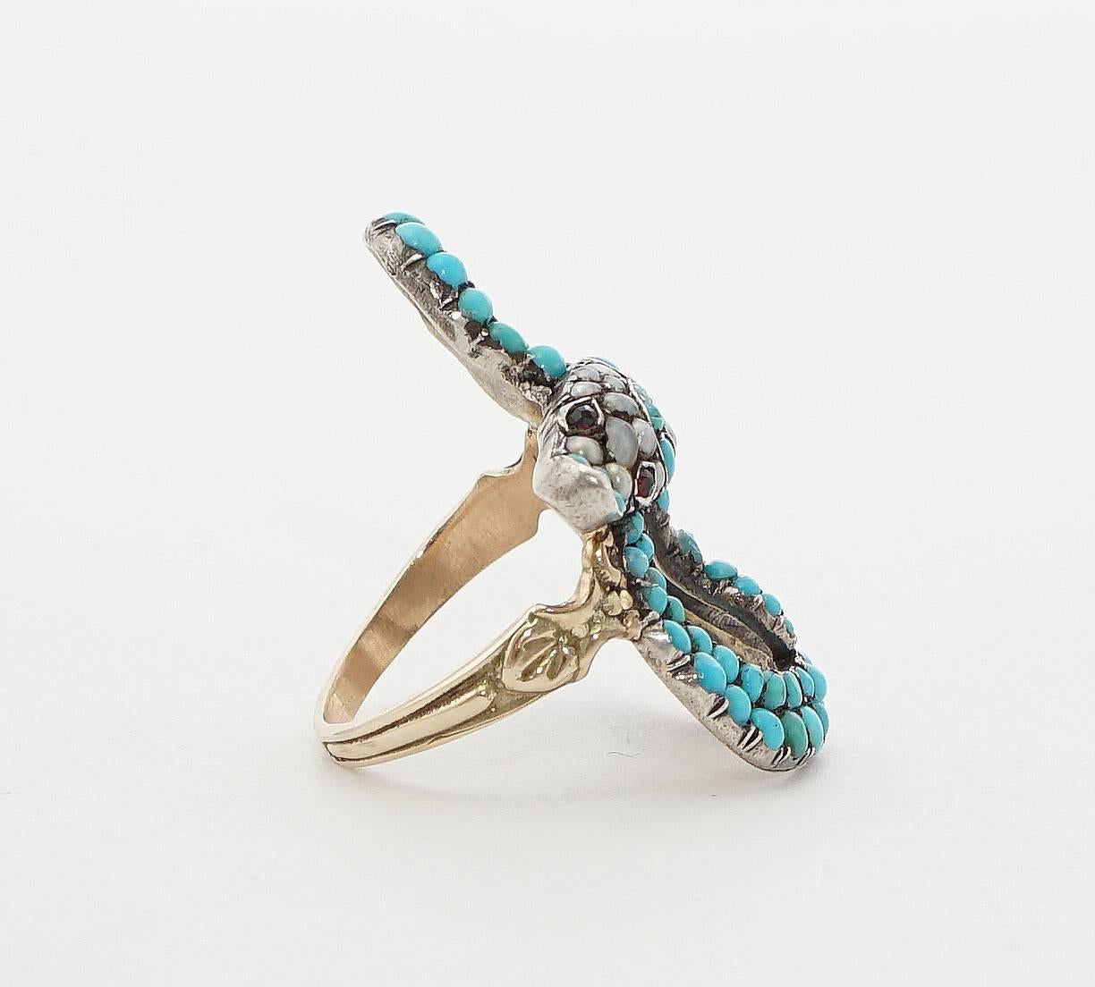 Women's Exceptional Victorian Turquoise Pearl Ruby Gold Snake Ring