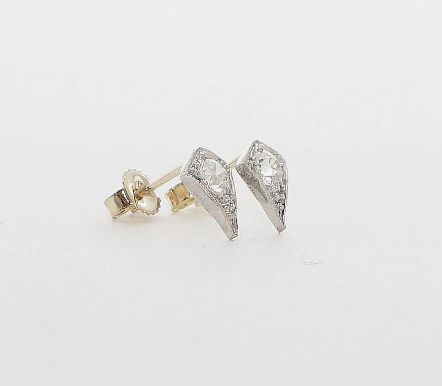 Beacon Hill Jewelers Presents:

A pair of unique tapered art deco period diamond stud earrings in platinum. Set with a pair of perfectly matched old European cut diamonds, these earrings feature a uniquely tapered design complemented by hand