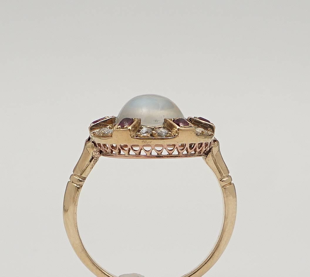 Victorian Moonstone, Rose Cut Diamond, & Ruby Ring in 18k Yellow Gold 1