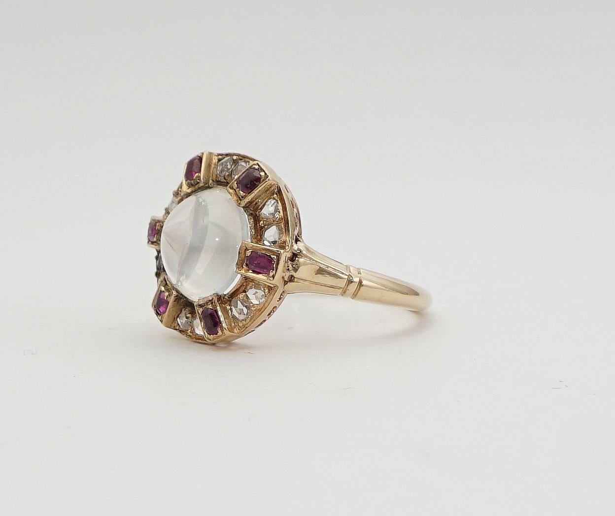 Victorian Moonstone, Rose Cut Diamond, & Ruby Ring in 18k Yellow Gold In Excellent Condition In Boston, MA