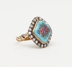 Art Nouveau Rose Cut Diamond & Floral Enamel Ring in Yellow Gold