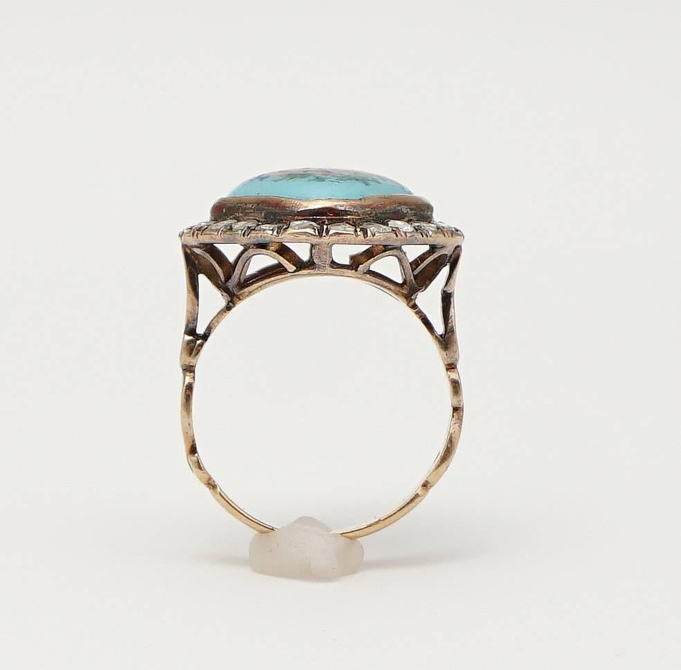 Art Nouveau Rose Cut Diamond & Floral Enamel Ring in Yellow Gold 1