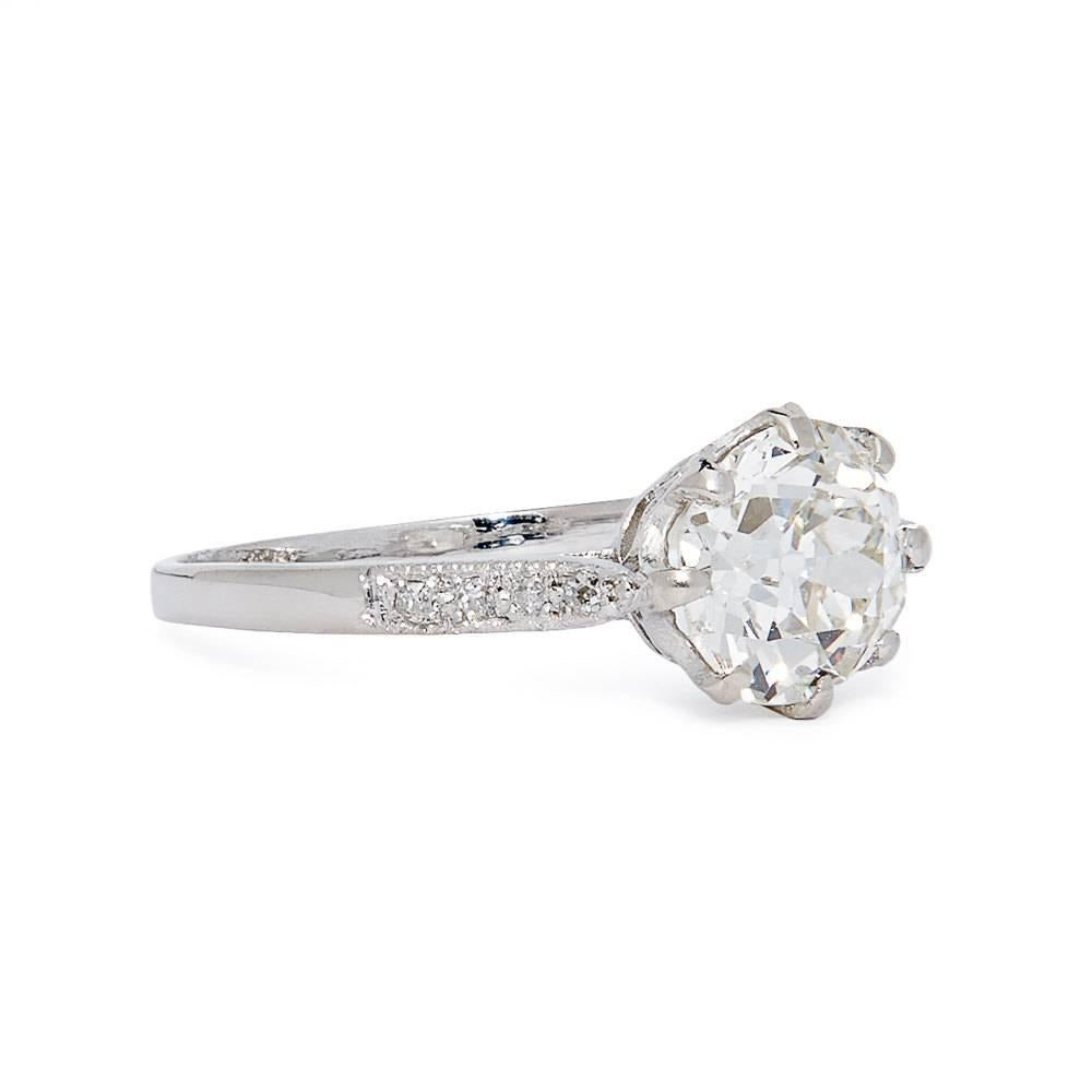 The ultimate edwardian period diamond solitaire engagement ring. Centered by a 1.52 carat cushion shaped old Mine cut diamond, this edwardian period jewel is a fantastic choice for anyone looking for a high quality and sizable antique diamond