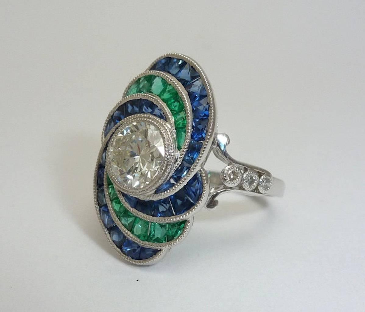 Platinum 1.20 Carat Diamond, Emerald, and Sapphire Ring In Excellent Condition For Sale In Boston, MA