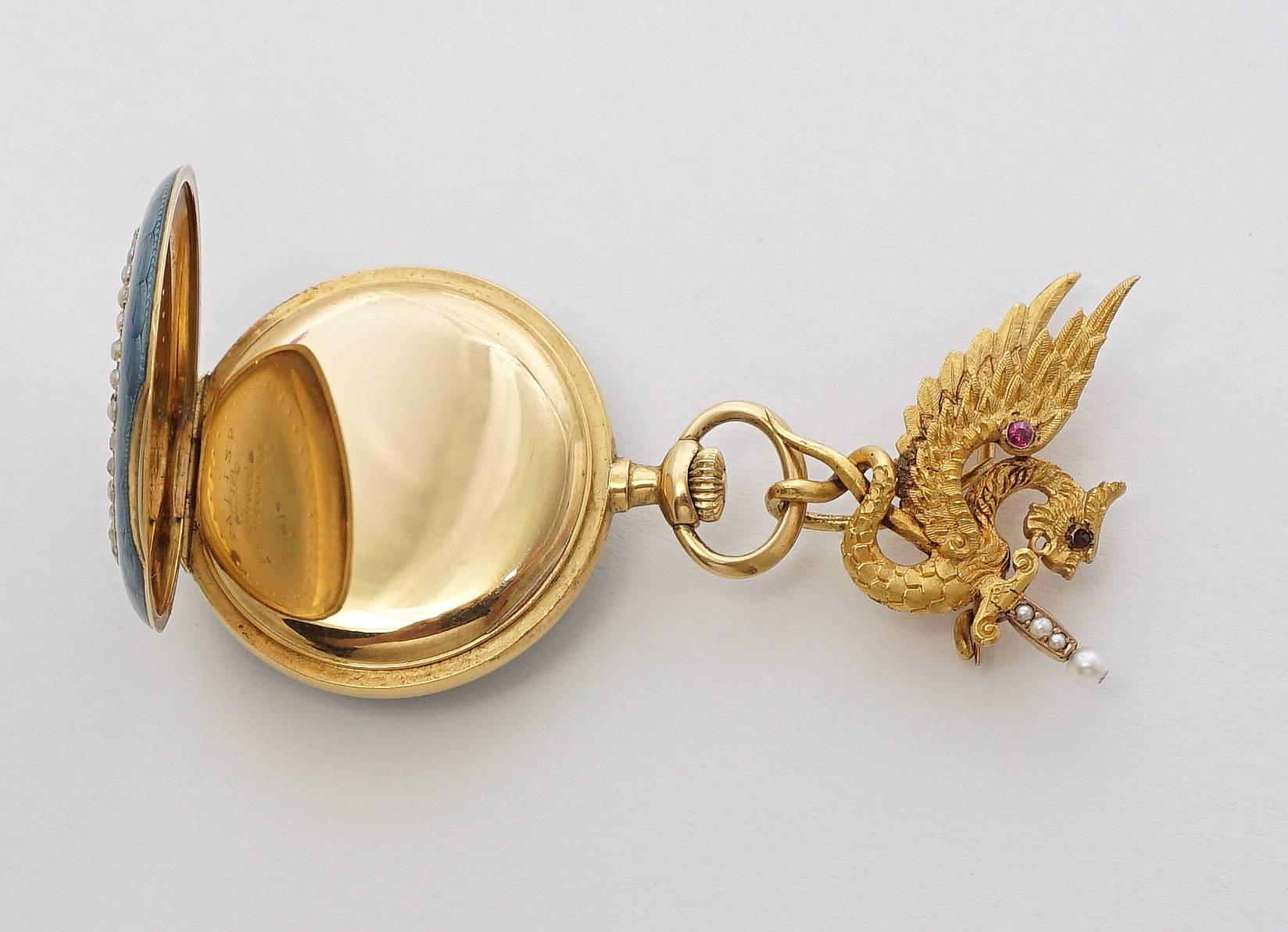 Antique French  Gold Enameled Griffon Pendant Pocket Watch 1