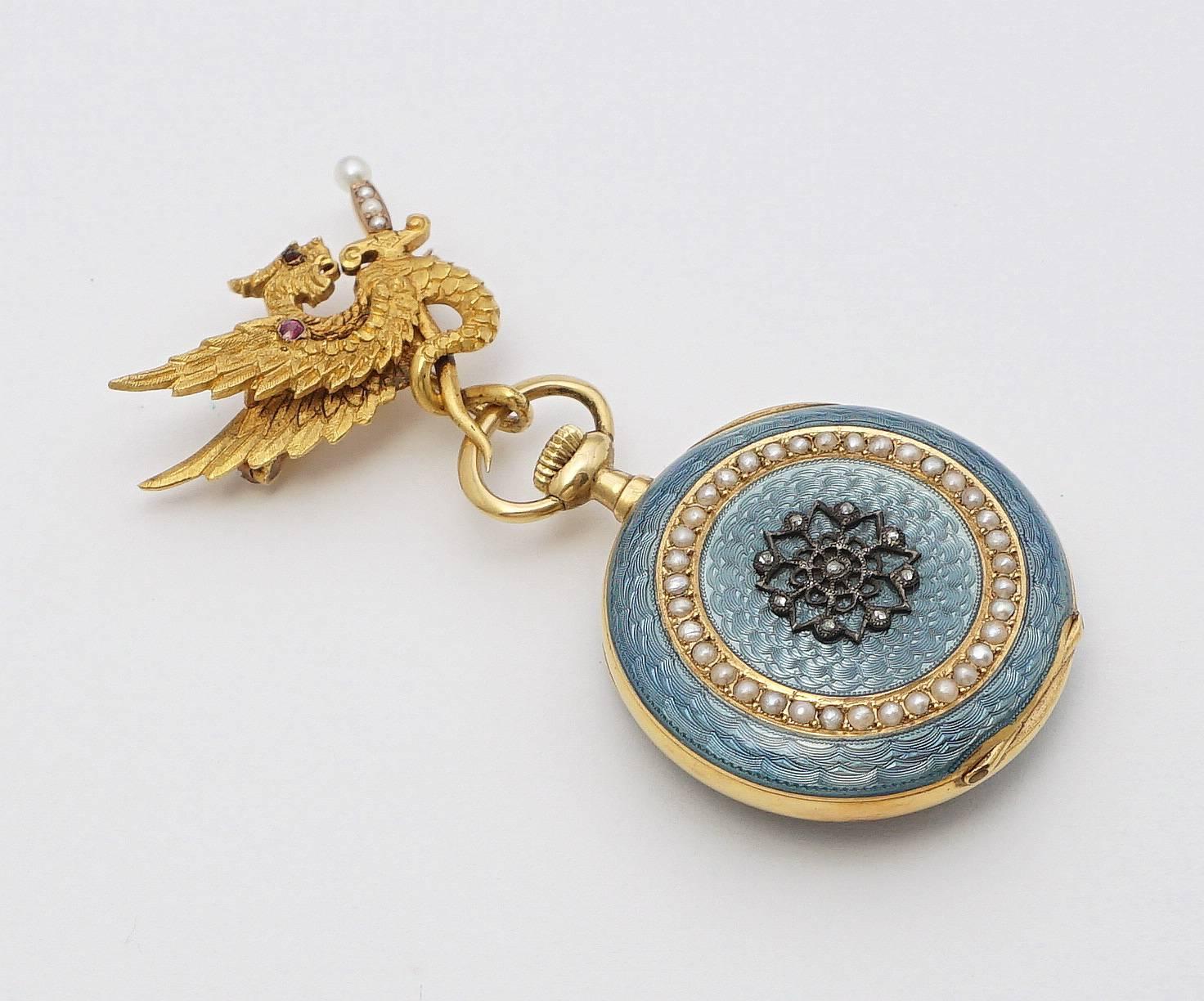 Women's Antique French  Gold Enameled Griffon Pendant Pocket Watch