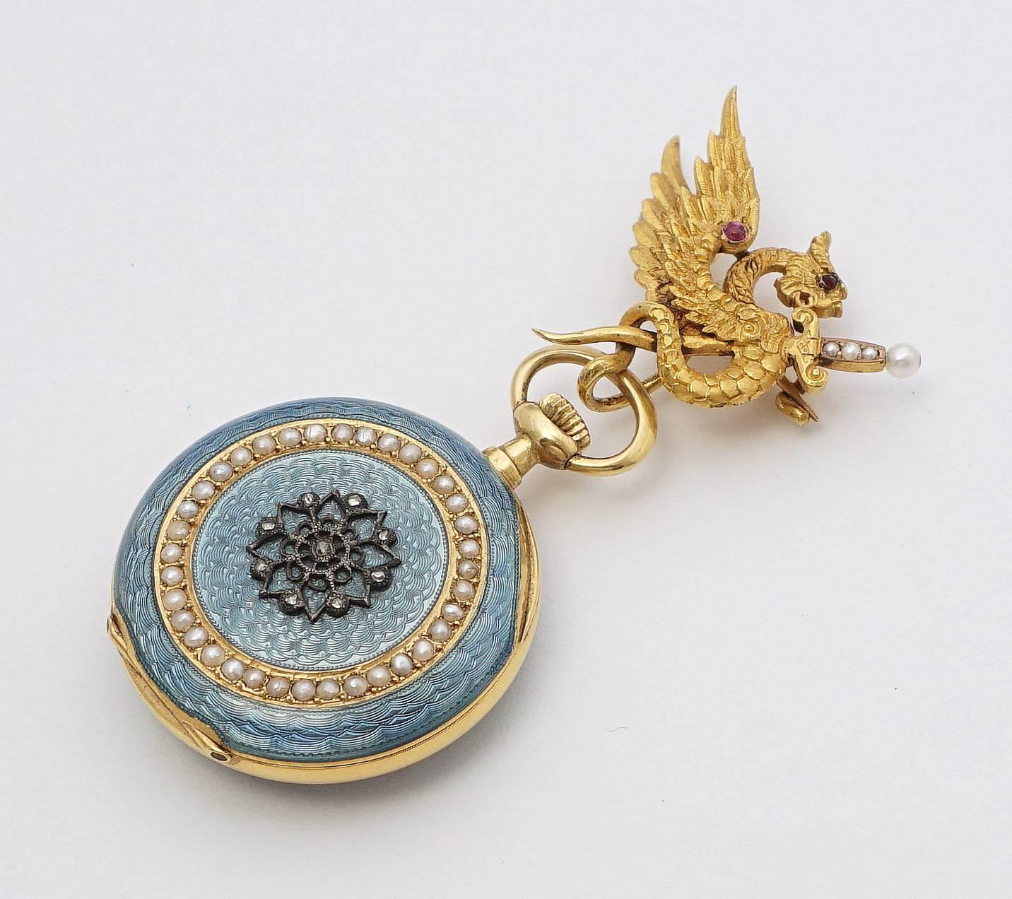 Antique French  Gold Enameled Griffon Pendant Pocket Watch In Excellent Condition In Boston, MA