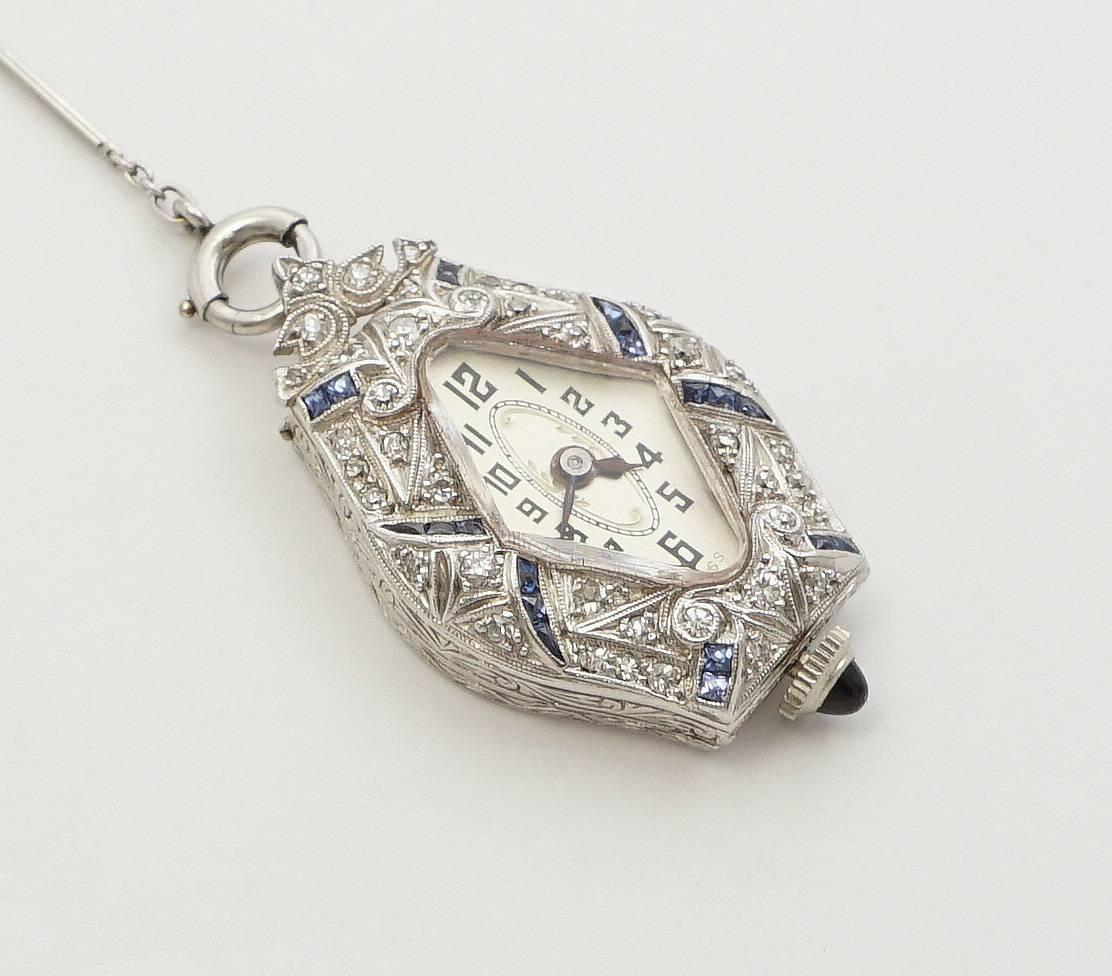 Platinum Art Deco Diamond, Sapphire Ladies Pendant Watch In Excellent Condition In Boston, MA