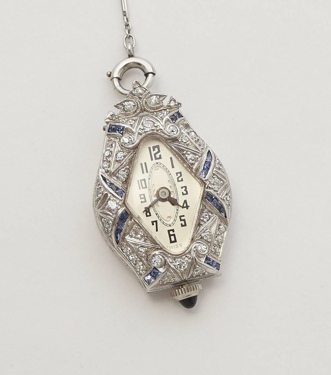 Women's Platinum Art Deco Diamond, Sapphire Ladies Pendant Watch