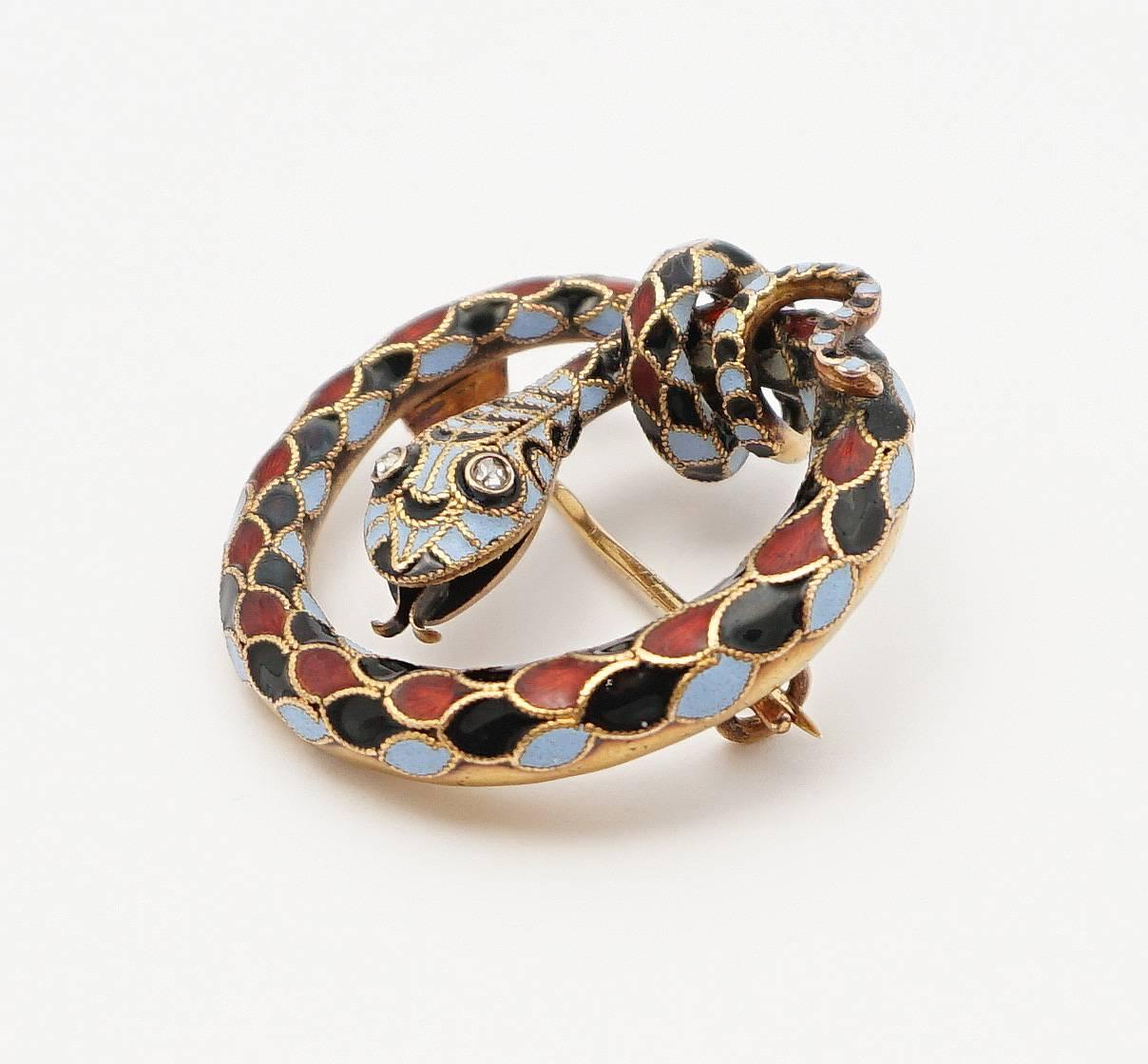 Women's Dramatic Victorian Diamond Enameled Snake Brooch