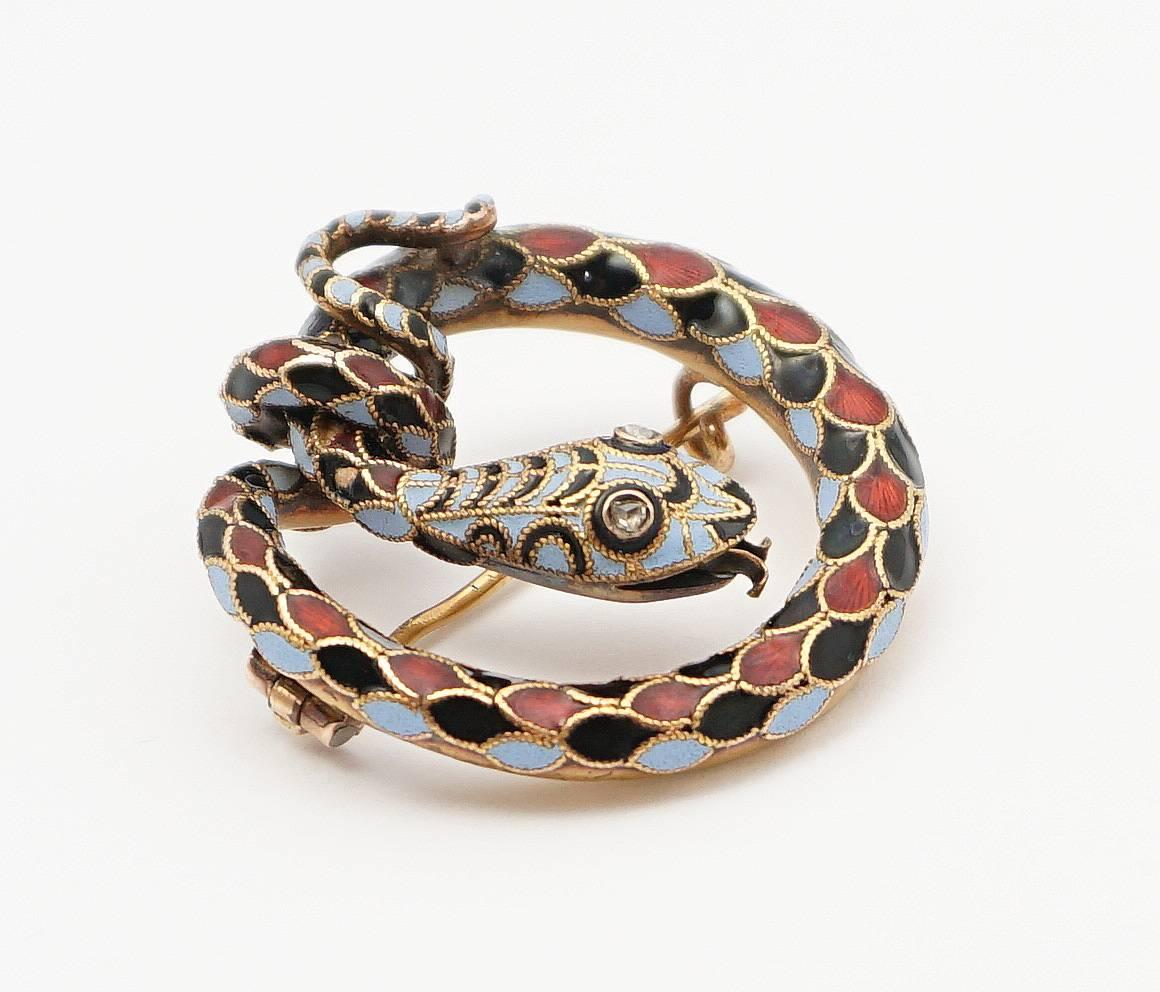 Dramatic Victorian Diamond Enameled Snake Brooch In Excellent Condition In Boston, MA