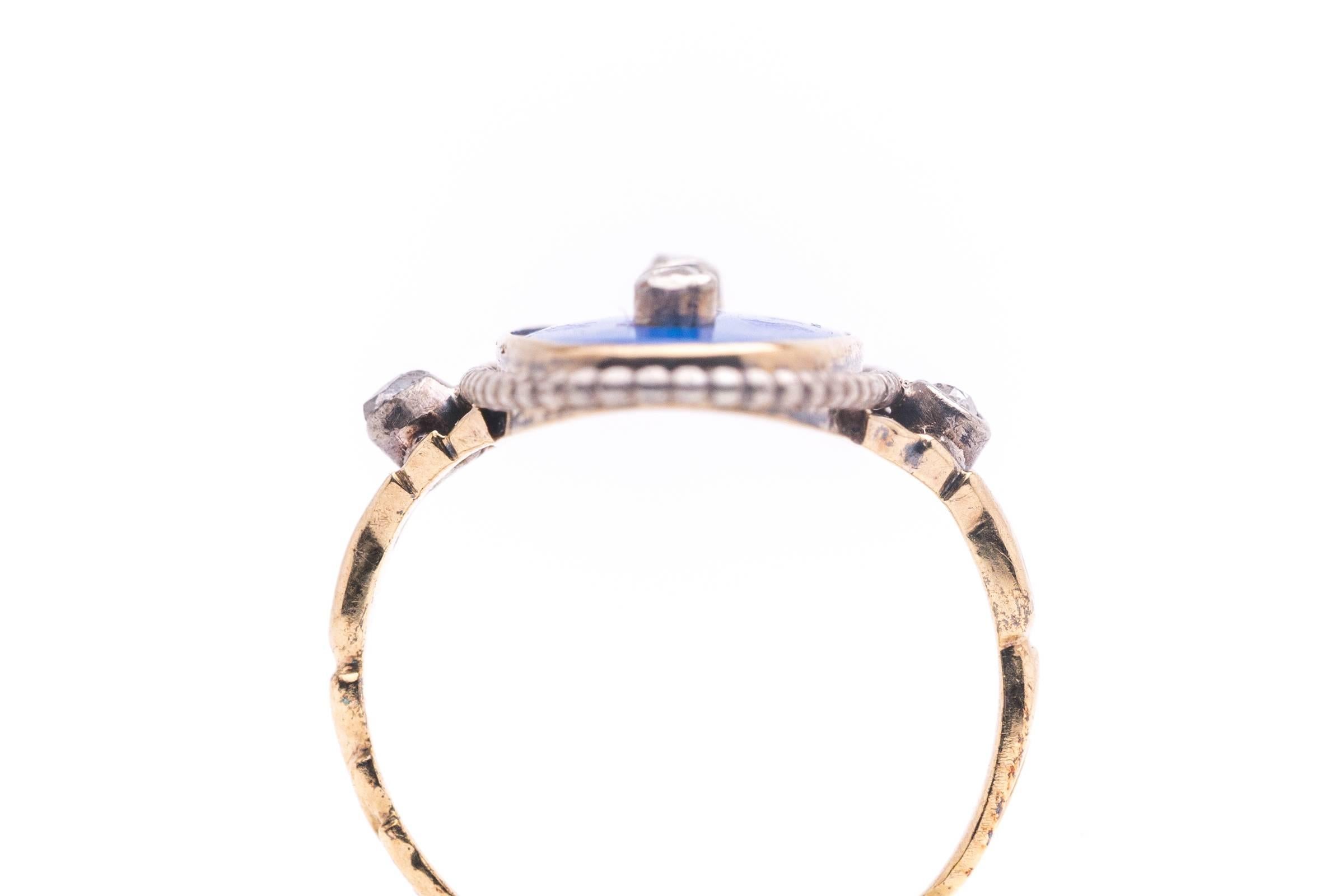 Women's  Blue Enamel Rose Cut Diamond Silver Gold Ring 
