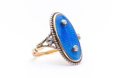 Blue Enamel Rose Cut Diamond Silver Gold Ring
