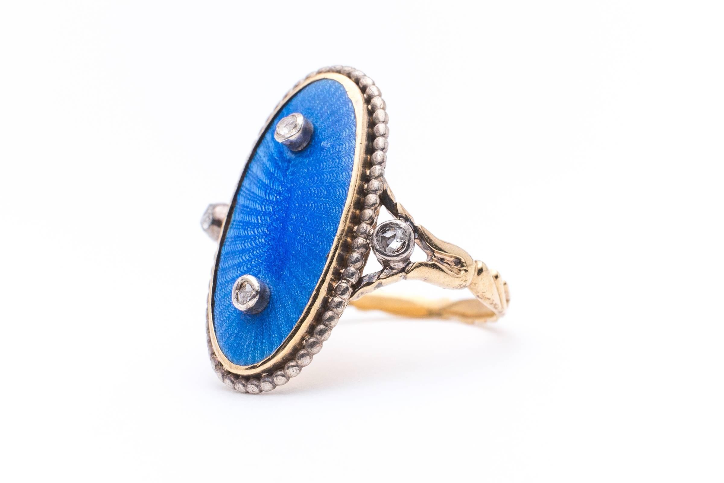 Georgian  Blue Enamel Rose Cut Diamond Silver Gold Ring 