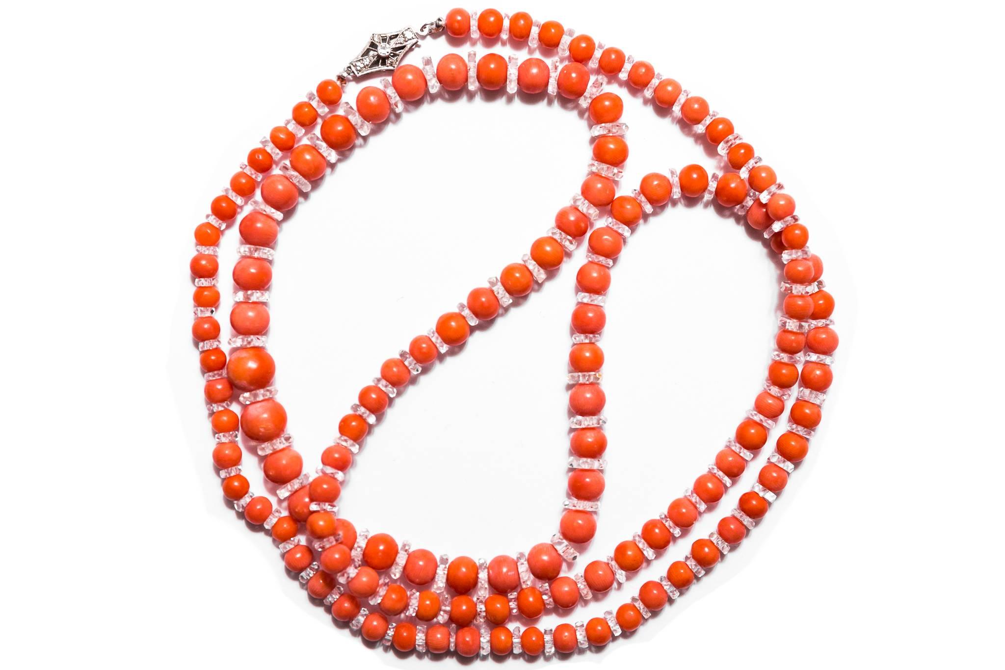 Art Deco Coral Rock Crystal Diamond Clasp Necklace For Sale