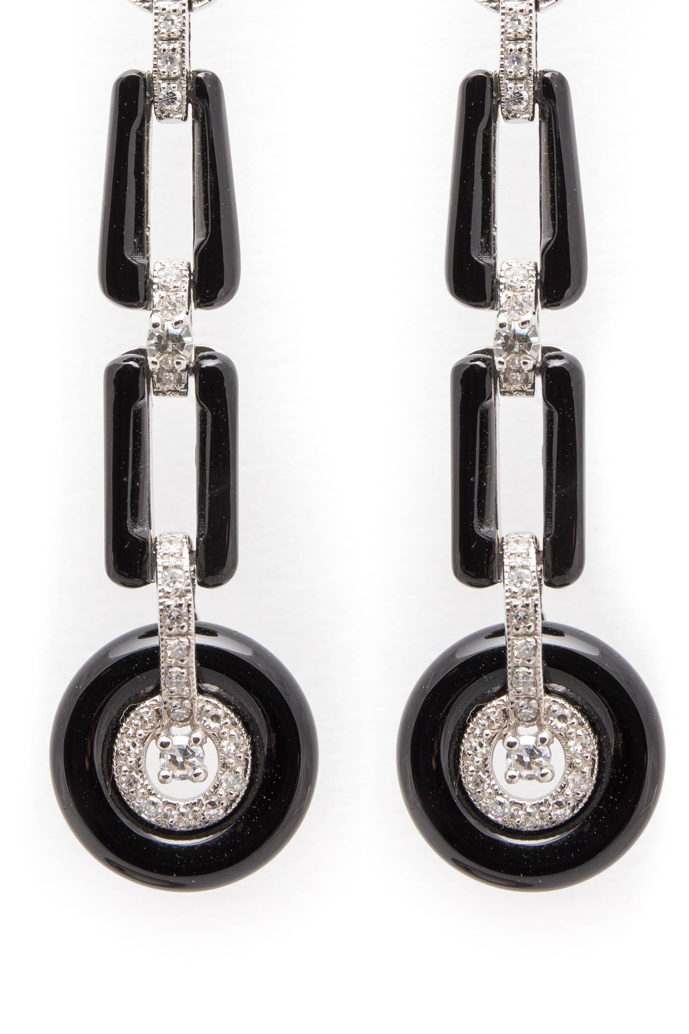 Dramatic Diamond Onyx Earrings In Platinum In Excellent Condition In Boston, MA