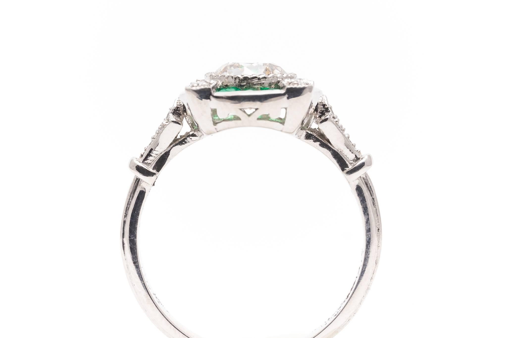 Diamond French Cut Emerald Engagement Platinum Ring  For Sale 1