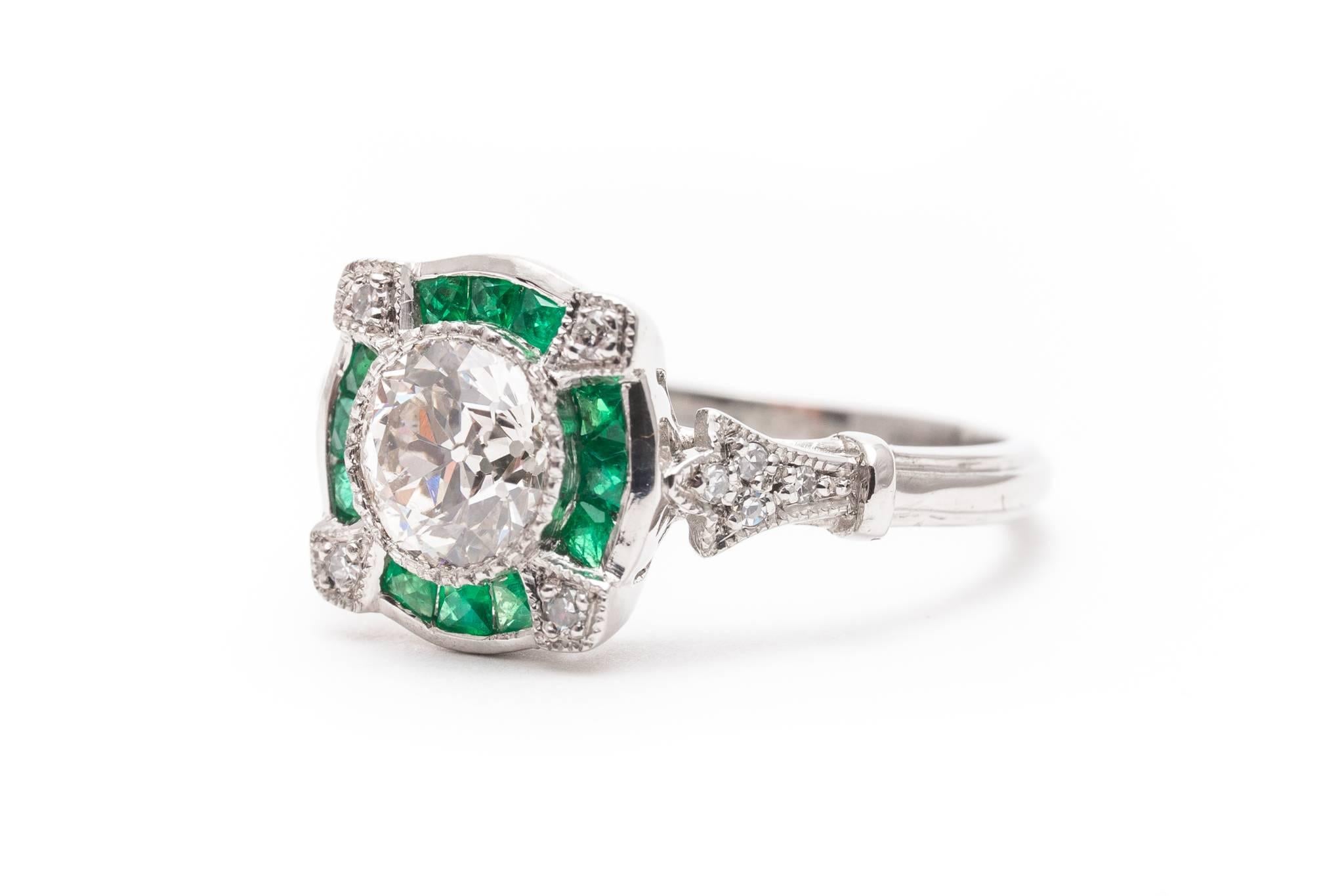 Diamond French Cut Emerald Engagement Platinum Ring  In Excellent Condition For Sale In Boston, MA