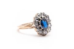 Georgian Sapphire and Rose Cut Diamond Ring in Pink Gold