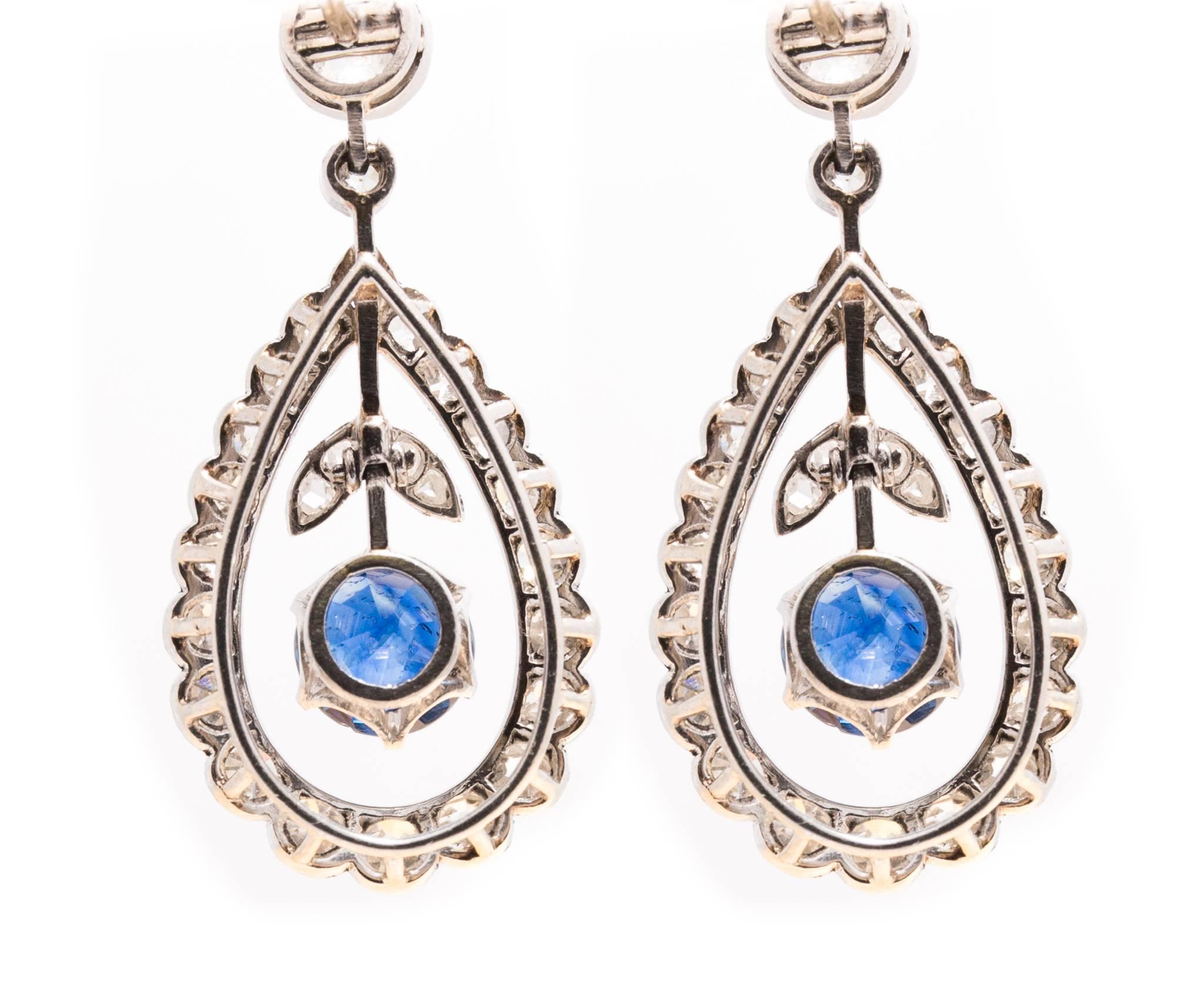 Women's Edwardian Period Sapphire and Diamond Dangle Earrings in Platinum For Sale