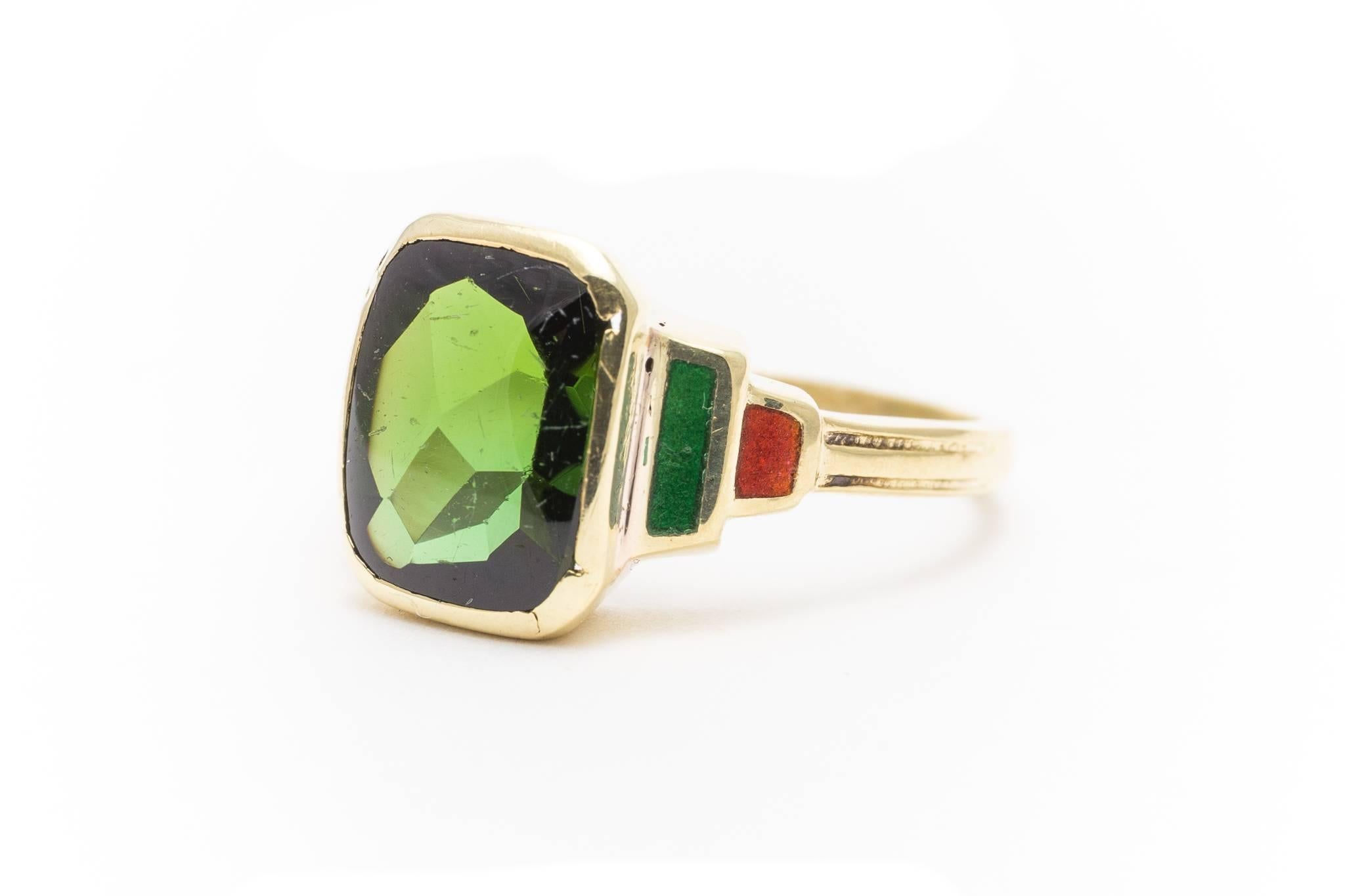 Art Deco Tourmaline and Enamel Gold Ring  In Excellent Condition For Sale In Boston, MA