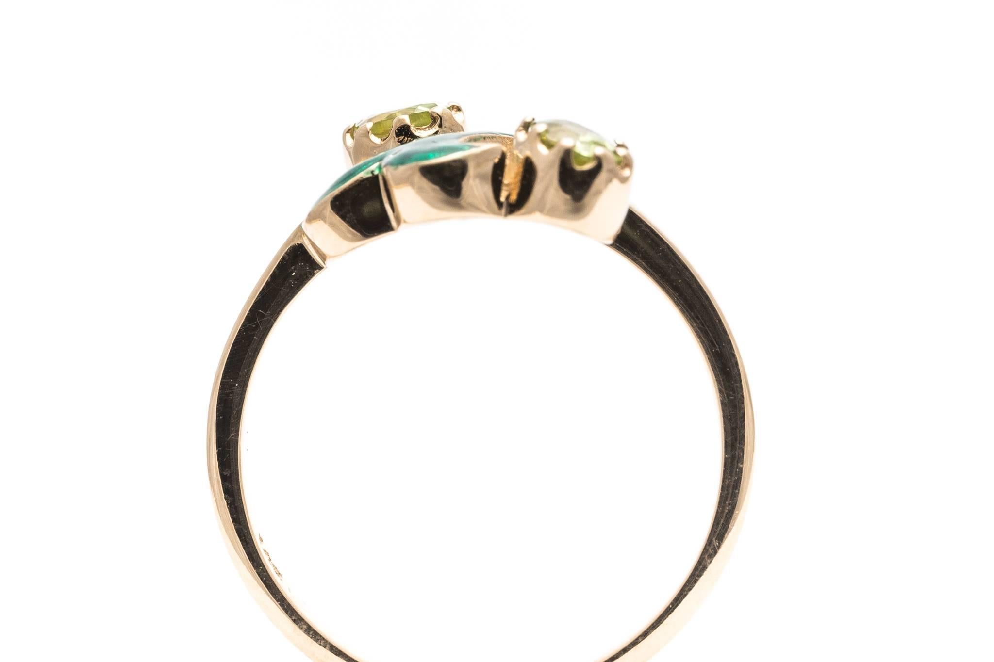  Peridot and Enamel Flower Ring in Yellow Gold 1
